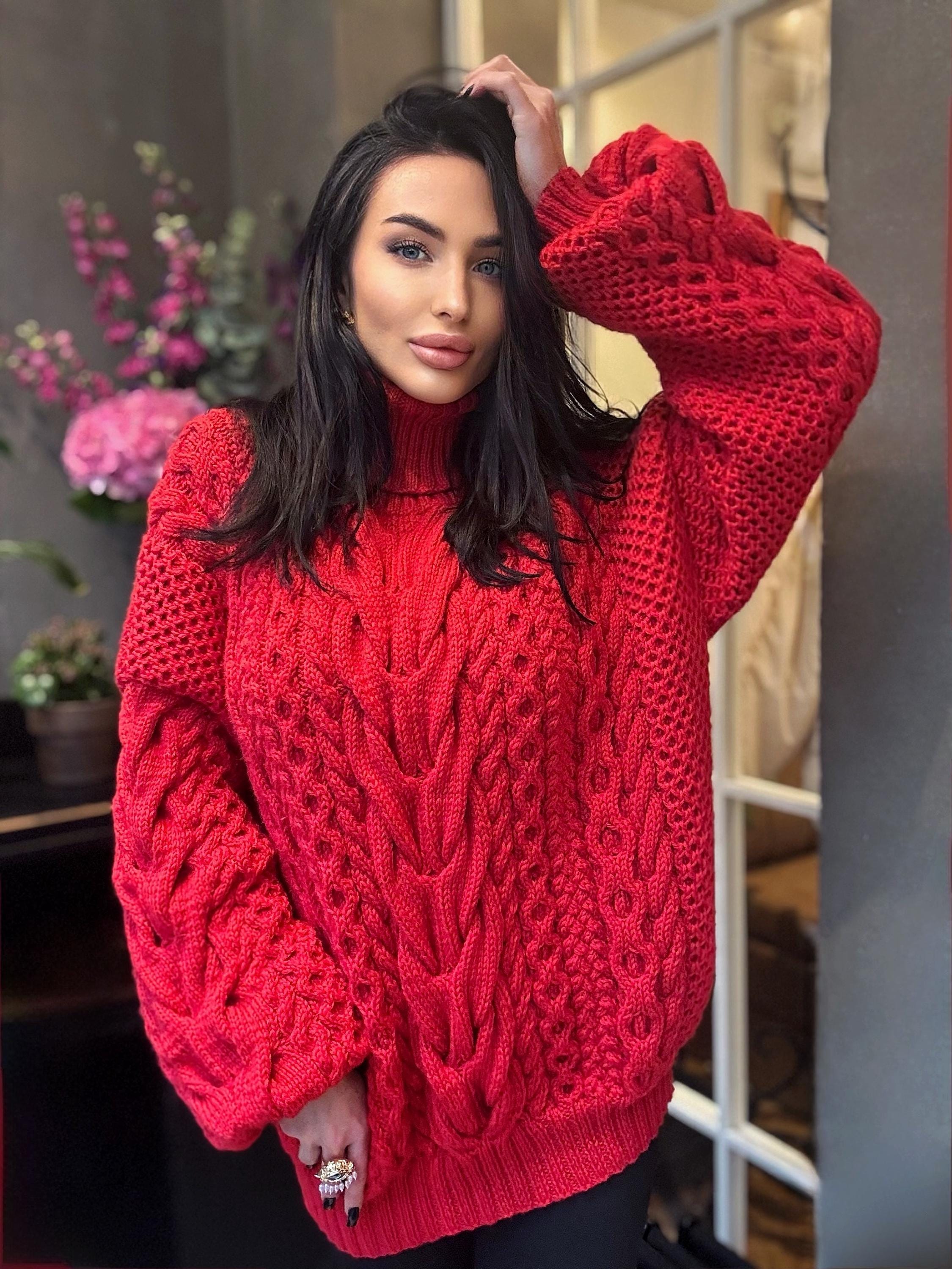Aran hand knit oversize merino wool big red sweater dress women Cable knit big turtleneck unisex Scandinavian chunky knit sweater