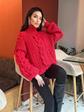 Aran hand knit oversize merino wool big red sweater dress women Cable knit big turtleneck unisex Scandinavian chunky knit sweater
