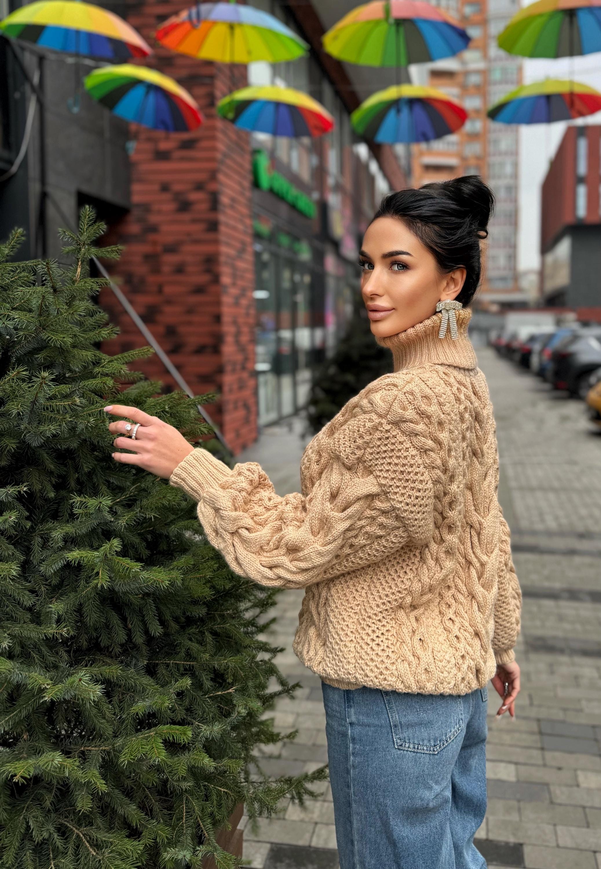 Aran handknit beige sweater turtleneck Chunky knit pastel pullover Cable knit merino wool sweater Women braids big sweater