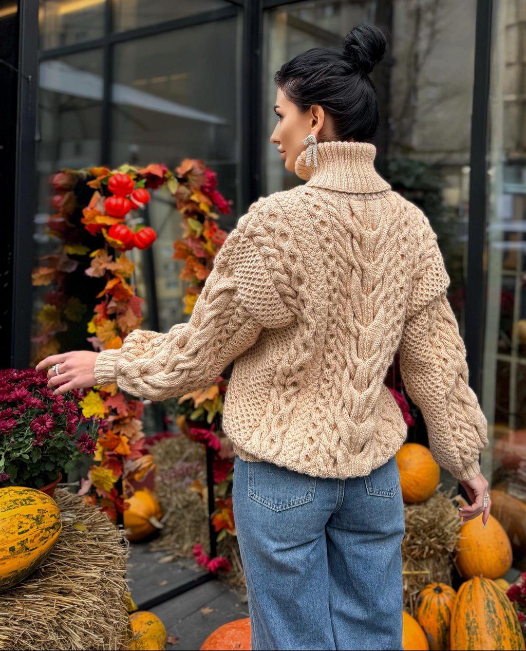 Aran handknit beige sweater turtleneck Chunky knit pastel pullover Cable knit merino wool sweater Women braids big sweater