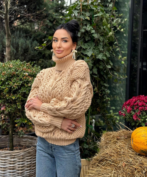 Aran handknit beige sweater turtleneck Chunky knit pastel pullover Cable knit merino wool sweater Women braids big sweater