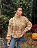 Aran handknit beige sweater turtleneck Chunky knit pastel pullover Cable knit merino wool sweater Women braids big sweater