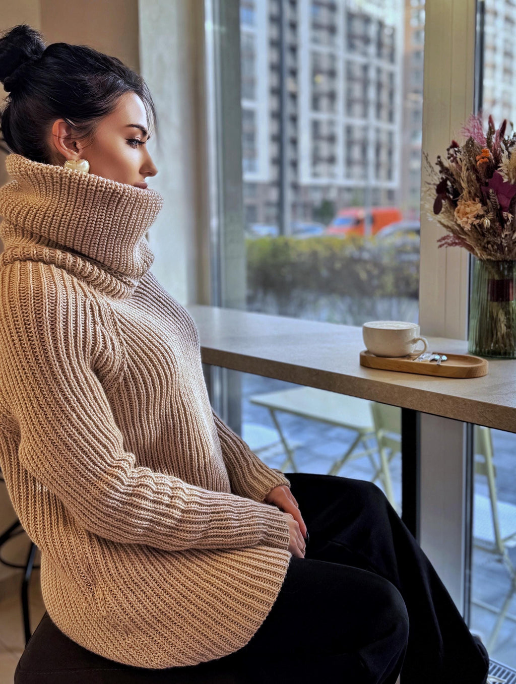 Hand knit big beige merino wool turtleneck ribbed sweater Big high collar long hand knit wool sweater dress Cable knit pullover Chunky knit