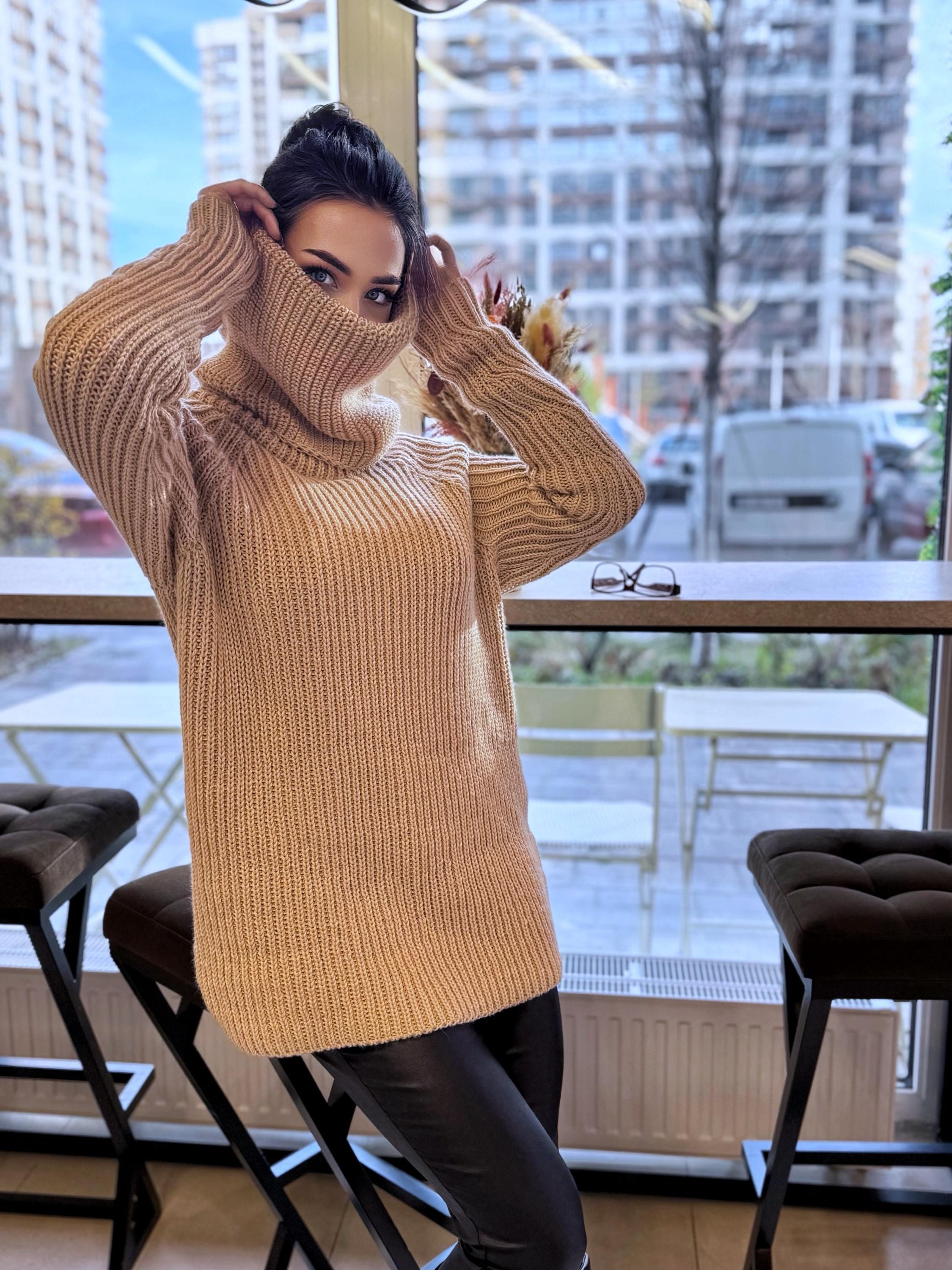 Hand knit big beige merino wool turtleneck ribbed sweater Big high collar long hand knit wool sweater dress Cable knit pullover Chunky knit