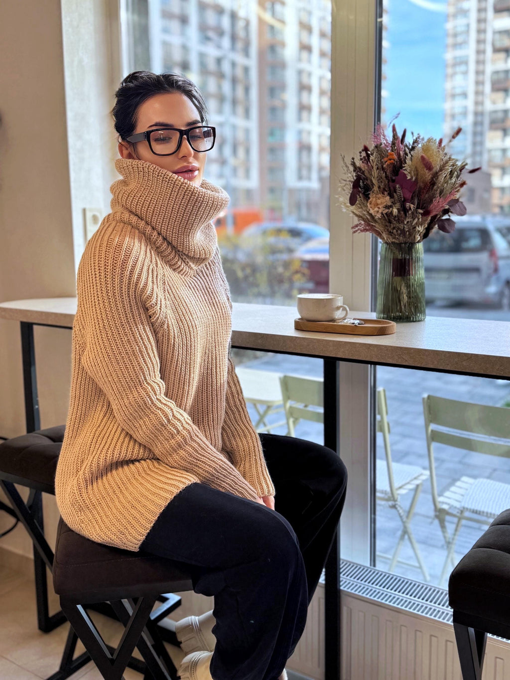 Hand knit big beige merino wool turtleneck ribbed sweater Big high collar long hand knit wool sweater dress Cable knit pullover Chunky knit