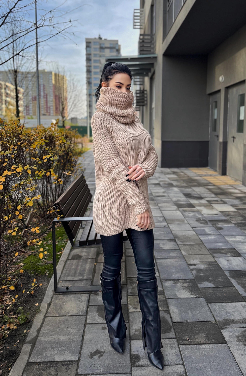 Hand knit big beige merino wool turtleneck ribbed sweater Big high collar long hand knit wool sweater dress Cable knit pullover Chunky knit