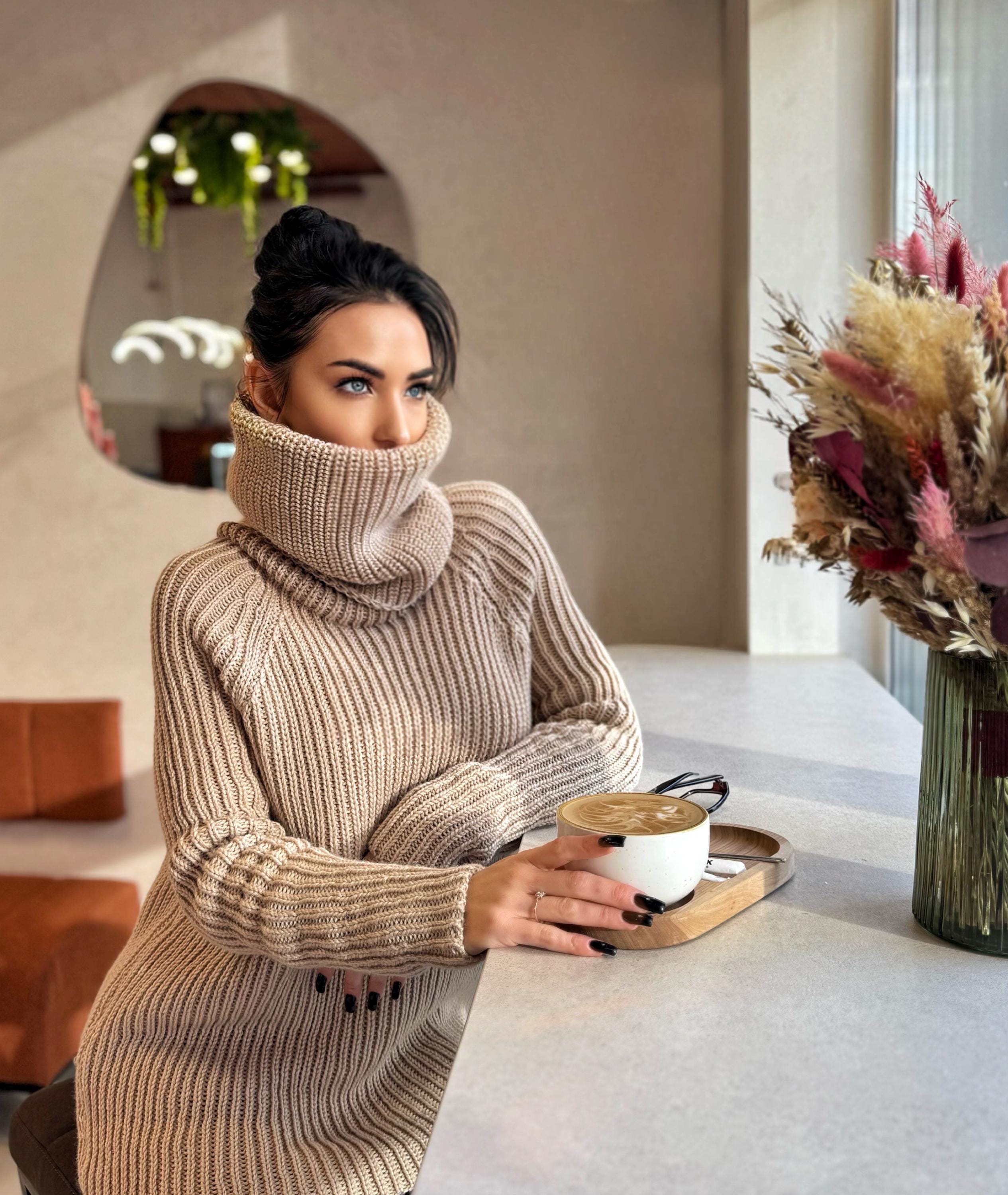 Hand knit big beige merino wool turtleneck ribbed sweater Big high collar long hand knit wool sweater dress Cable knit pullover Chunky knit