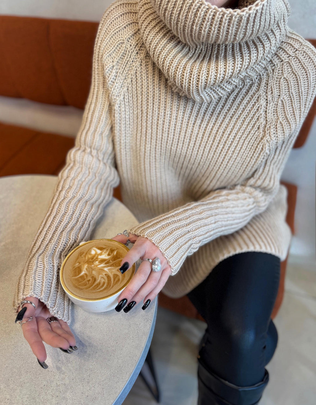 Hand knit big beige merino wool turtleneck ribbed sweater Big high collar long hand knit wool sweater dress Cable knit pullover Chunky knit
