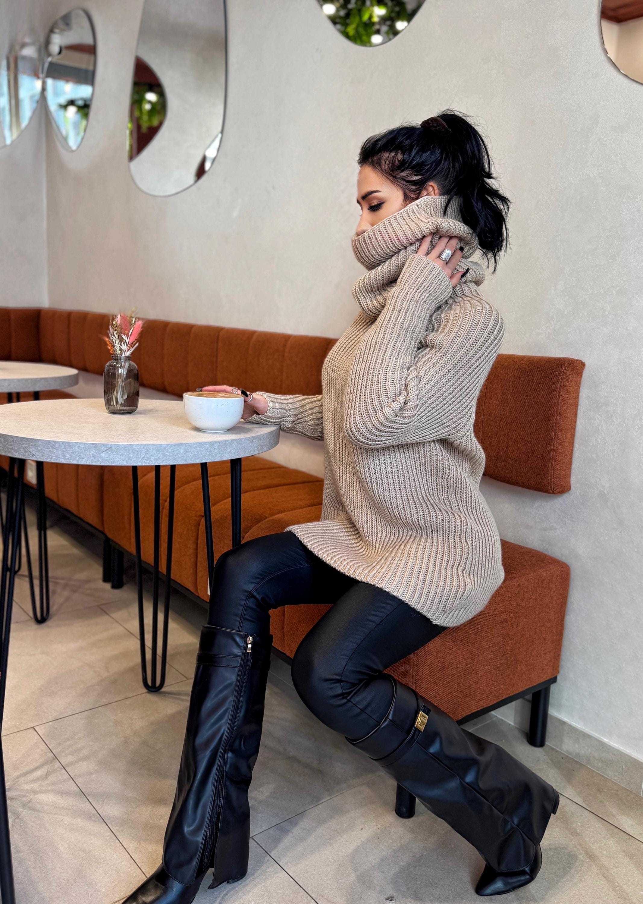 Hand knit big beige merino wool turtleneck ribbed sweater Big high collar long hand knit wool sweater dress Cable knit pullover Chunky knit