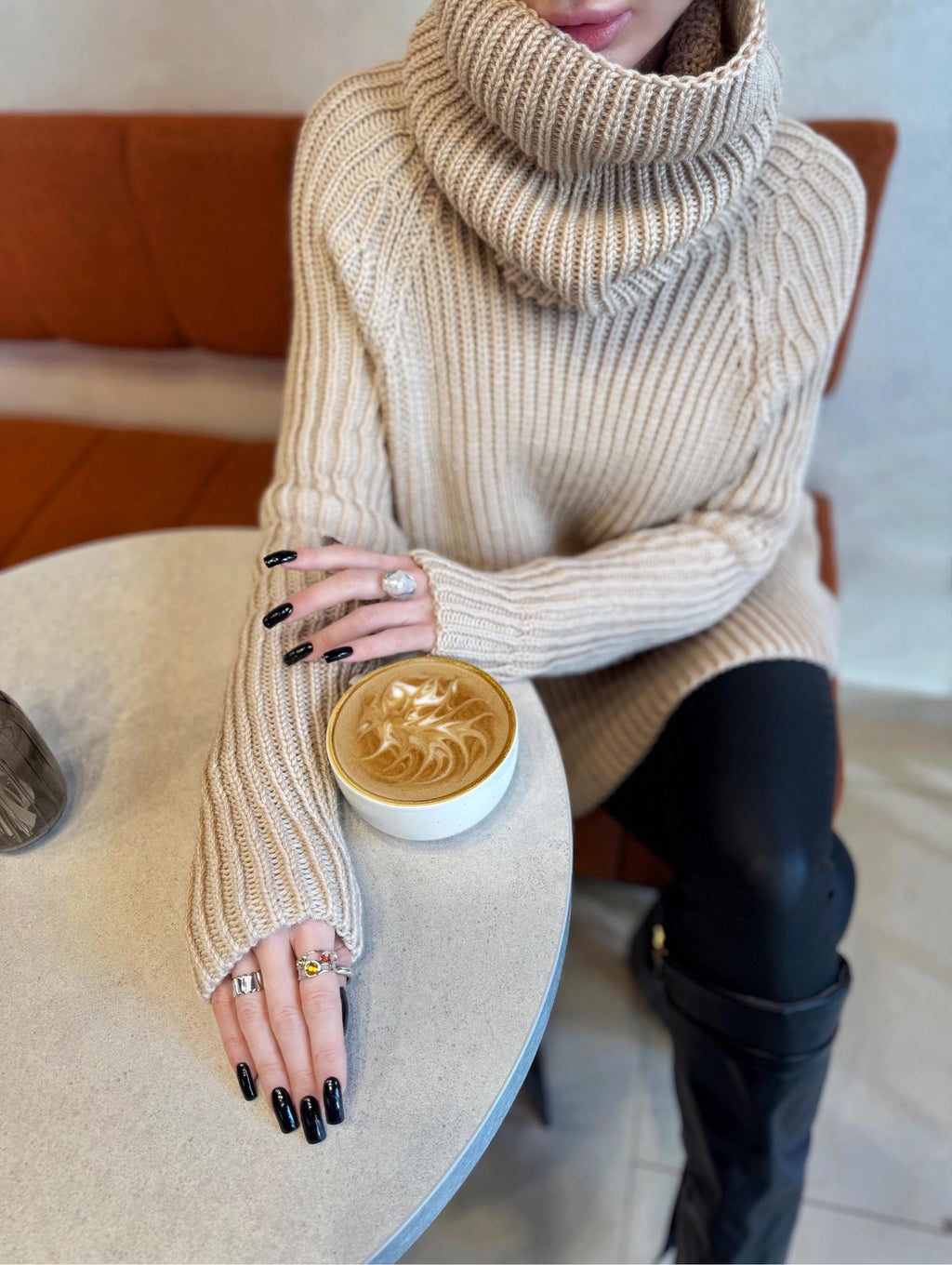 Hand knit big beige merino wool turtleneck ribbed sweater Big high collar long hand knit wool sweater dress Cable knit pullover Chunky knit