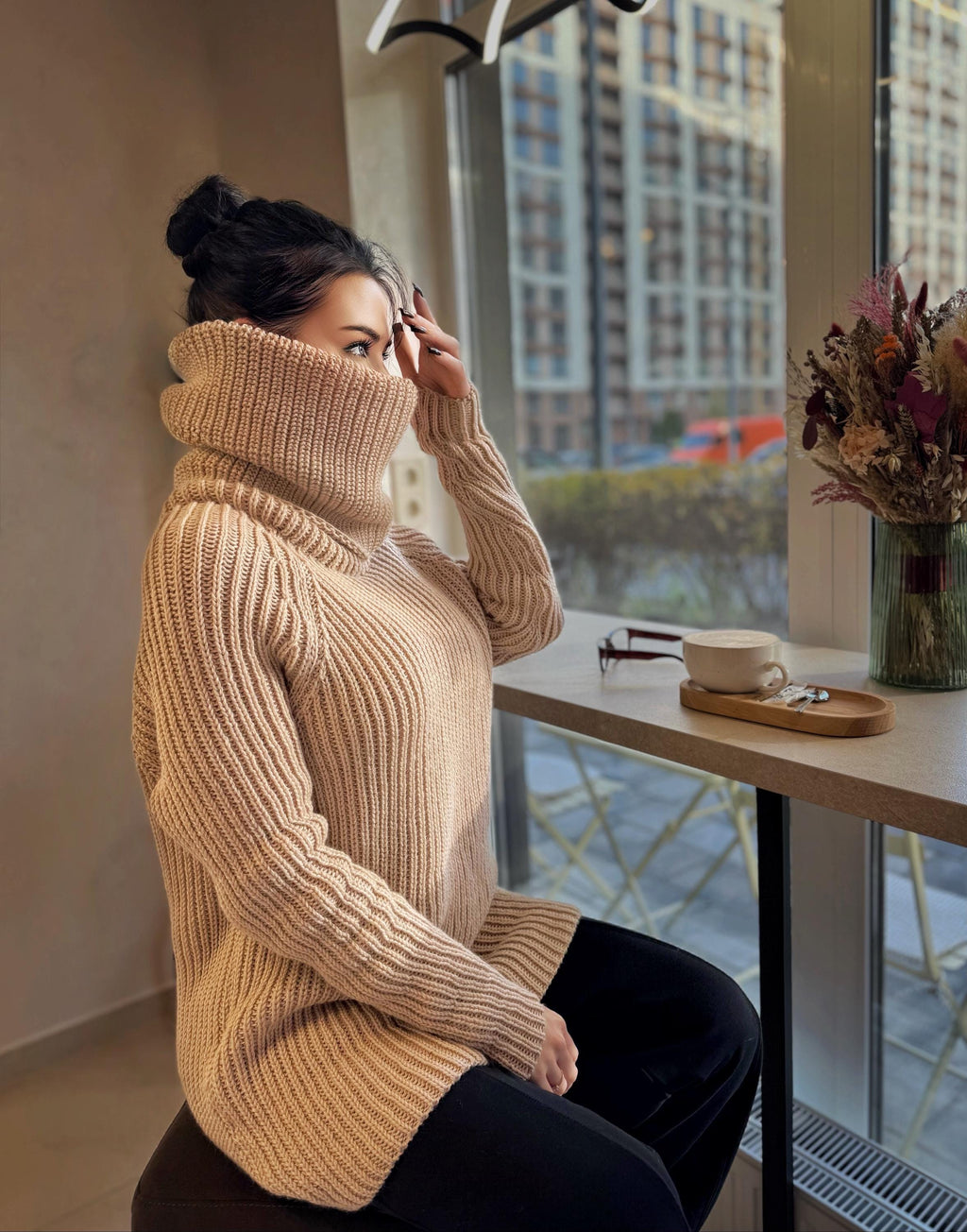 Hand knit big beige merino wool turtleneck ribbed sweater Big high collar long hand knit wool sweater dress Cable knit pullover Chunky knit