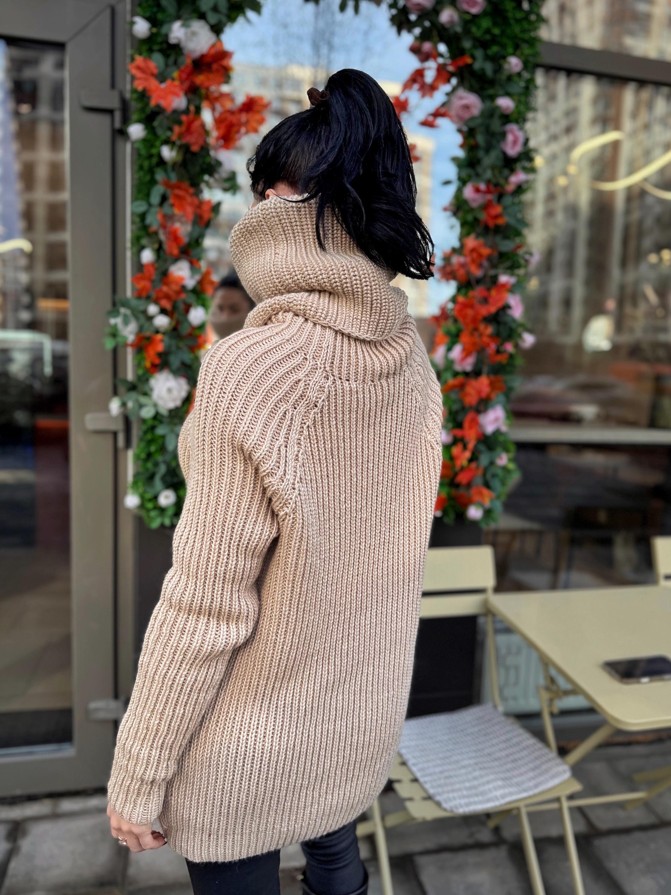 Hand knit big beige merino wool turtleneck ribbed sweater Big high collar long hand knit wool sweater dress Cable knit pullover Chunky knit