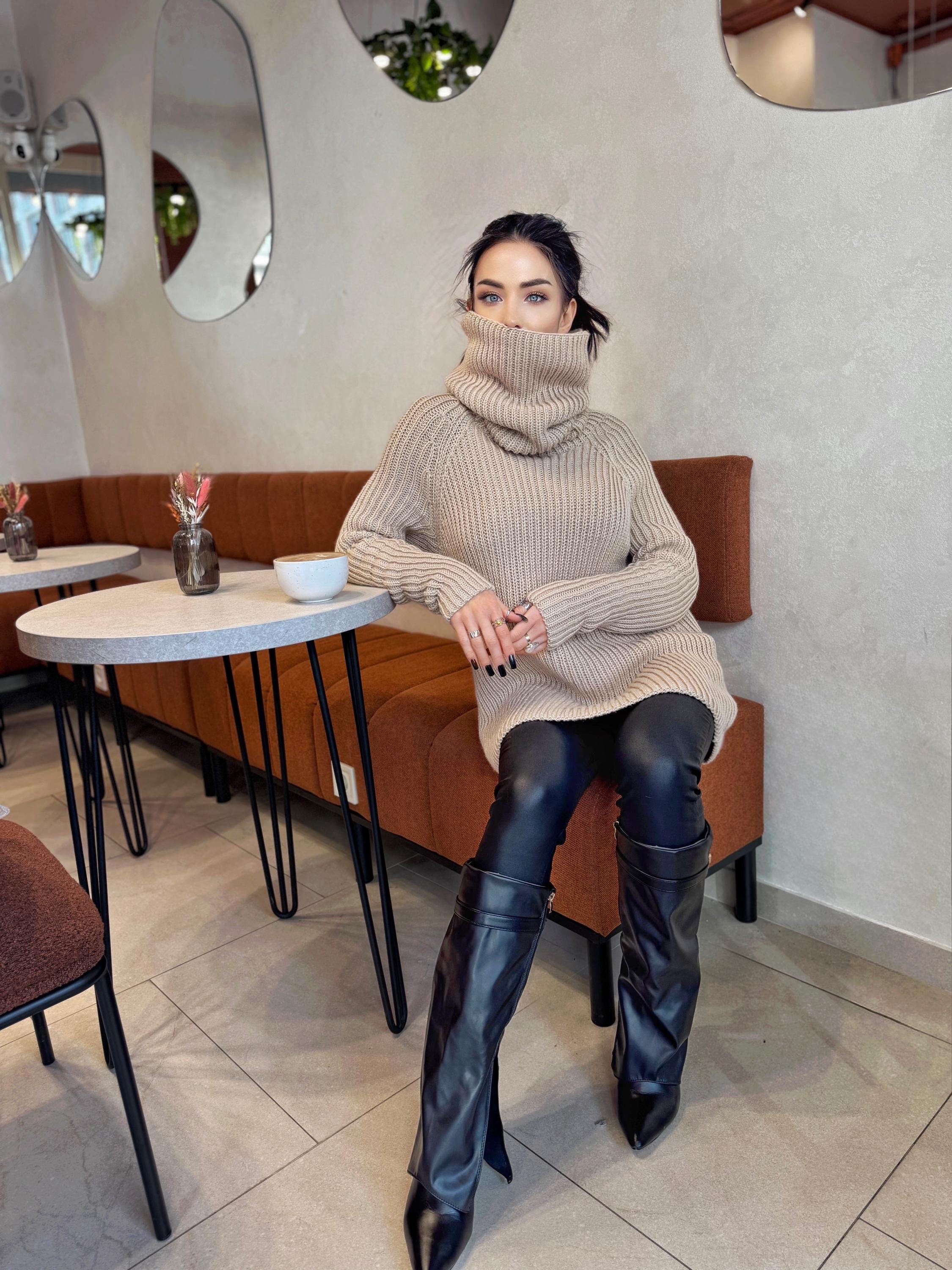 Hand knit big beige merino wool turtleneck ribbed sweater Big high collar long hand knit wool sweater dress Cable knit pullover Chunky knit