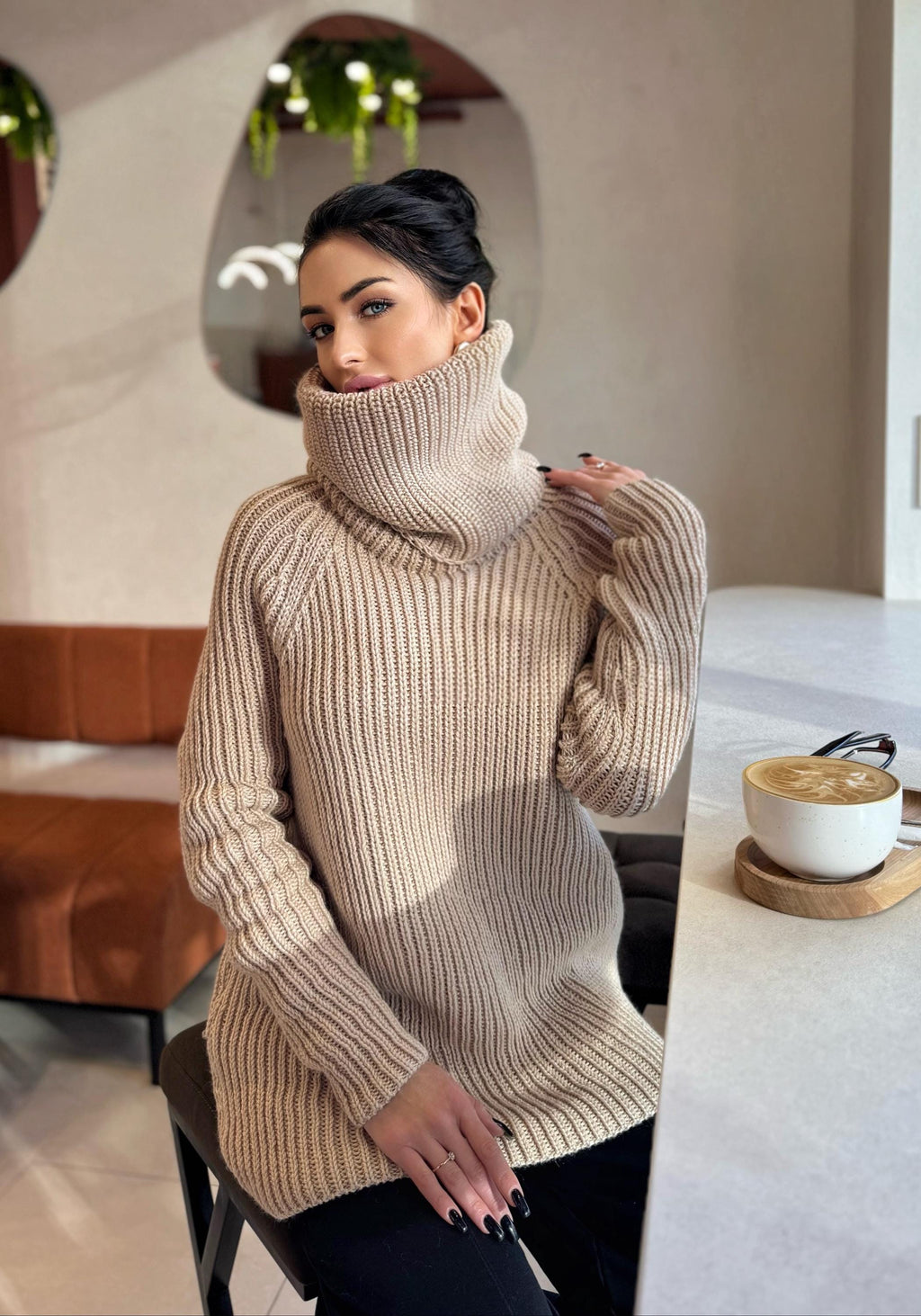 Hand knit big beige merino wool turtleneck ribbed sweater Big high collar long hand knit wool sweater dress Cable knit pullover Chunky knit