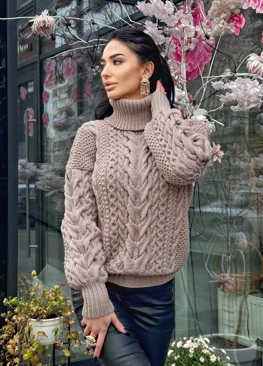 Aran hand knit beige mocha light brown sweater turtleneck Chunky knit pastel pullover Cable knit merino wool Women braids big sweater