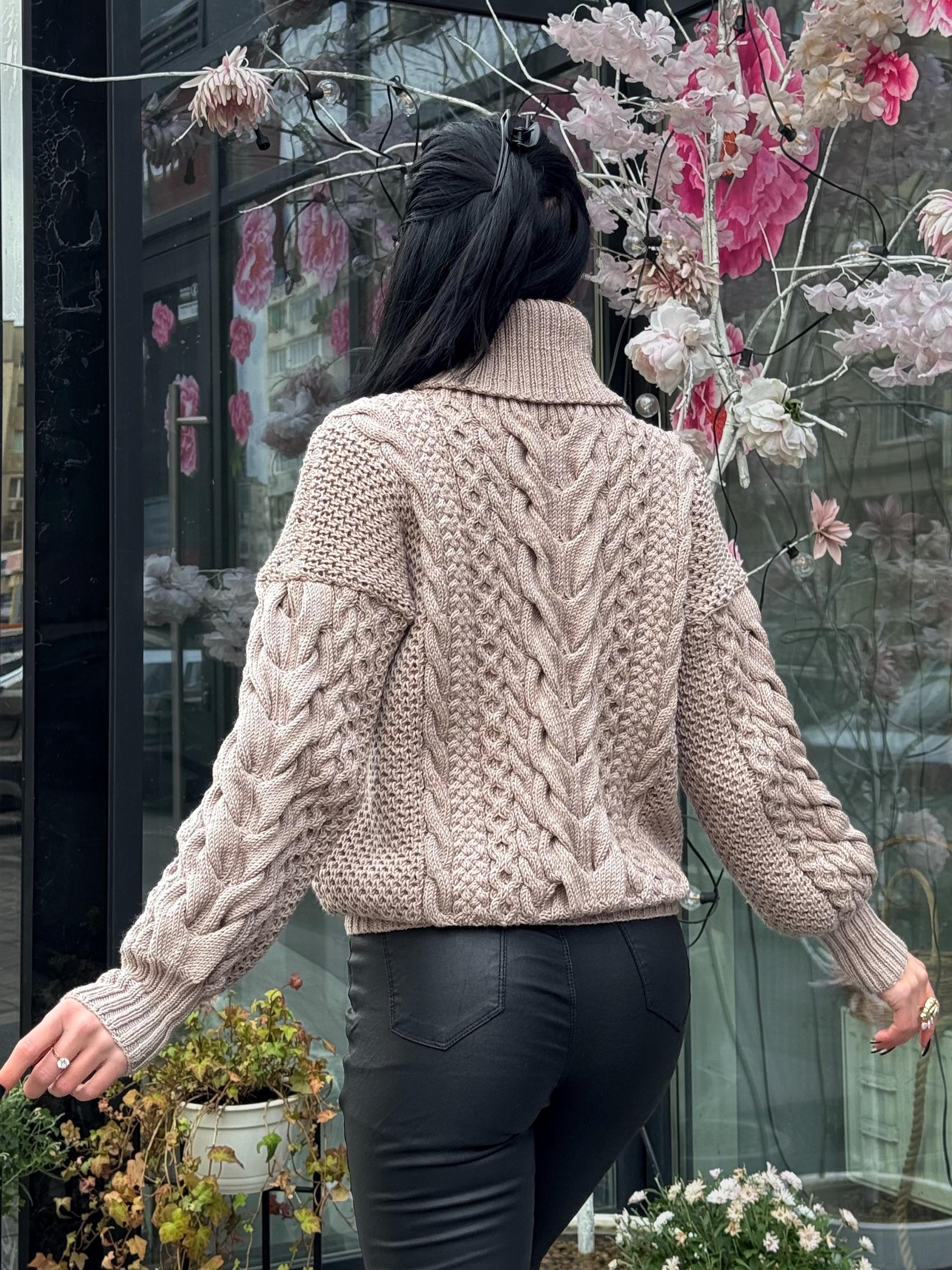 Aran hand knit beige mocha light brown sweater turtleneck Chunky knit pastel pullover Cable knit merino wool Women braids big sweater