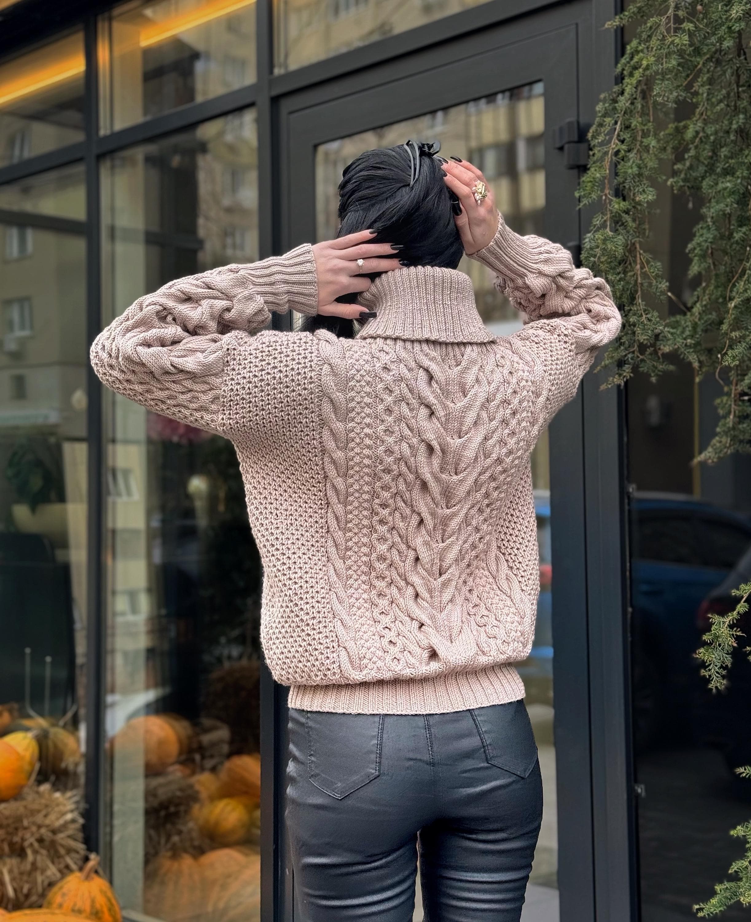 Aran hand knit beige mocha light brown sweater turtleneck Chunky knit pastel pullover Cable knit merino wool Women braids big sweater