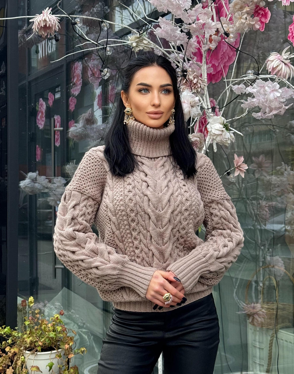 Aran hand knit beige mocha light brown sweater turtleneck Chunky knit pastel pullover Cable knit merino wool Women braids big sweater