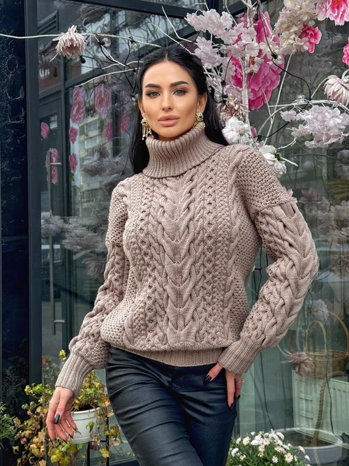 Aran hand knit beige mocha light brown sweater turtleneck Chunky knit pastel pullover Cable knit merino wool Women braids big sweater