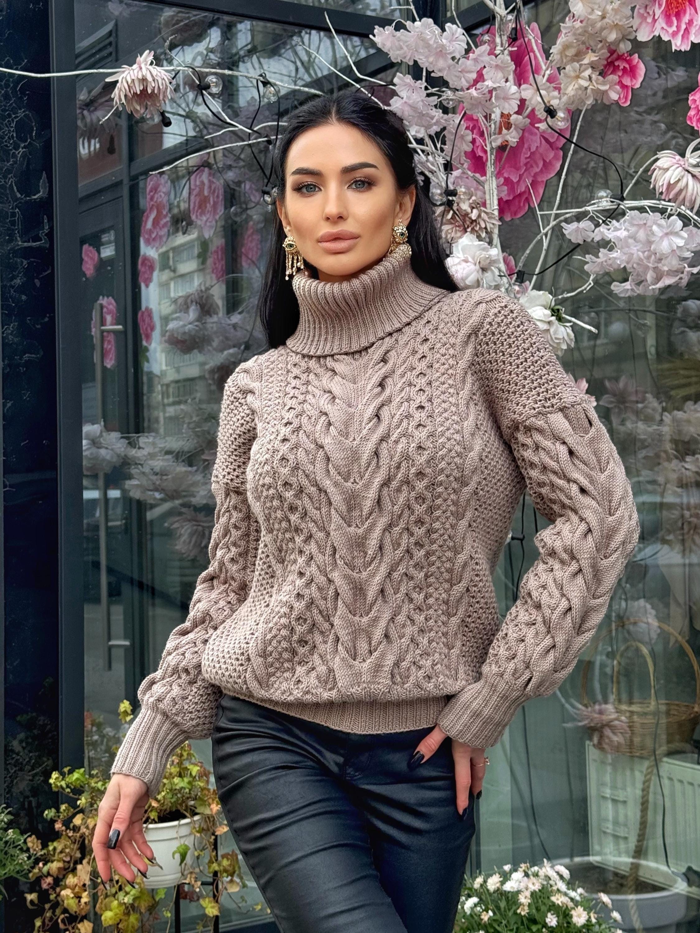 Aran hand knit beige mocha light brown sweater turtleneck Chunky knit pastel pullover Cable knit merino wool Women braids big sweater