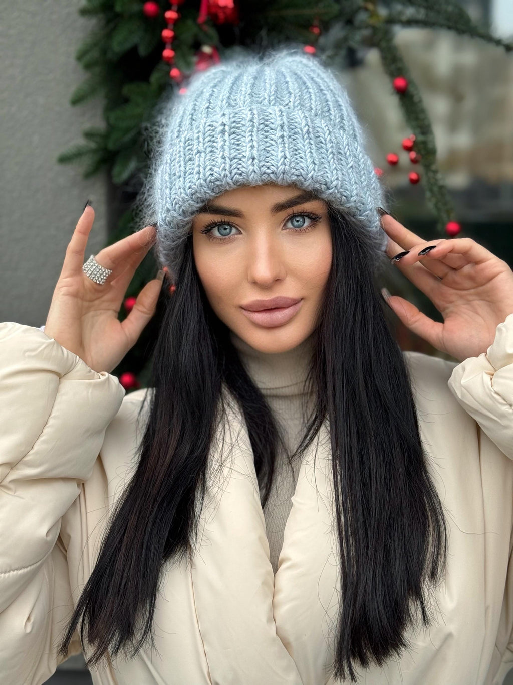 Mohair winter hat blue women Beanie hat blue Knitted fluffy hats Winter accessories Blue mohair Gift for her