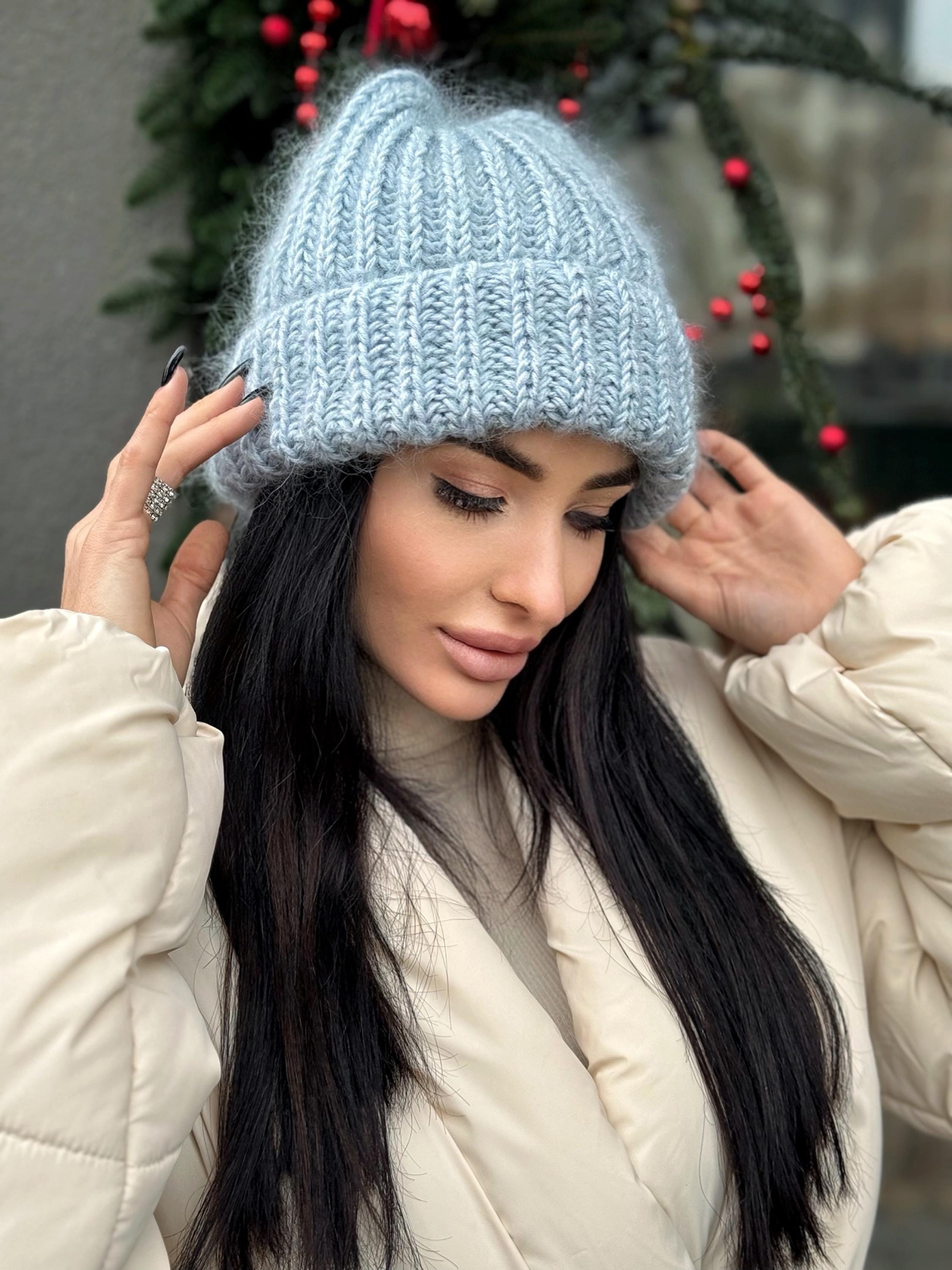 Mohair winter hat blue women Beanie hat blue Knitted fluffy hats Winter accessories Blue mohair Gift for her