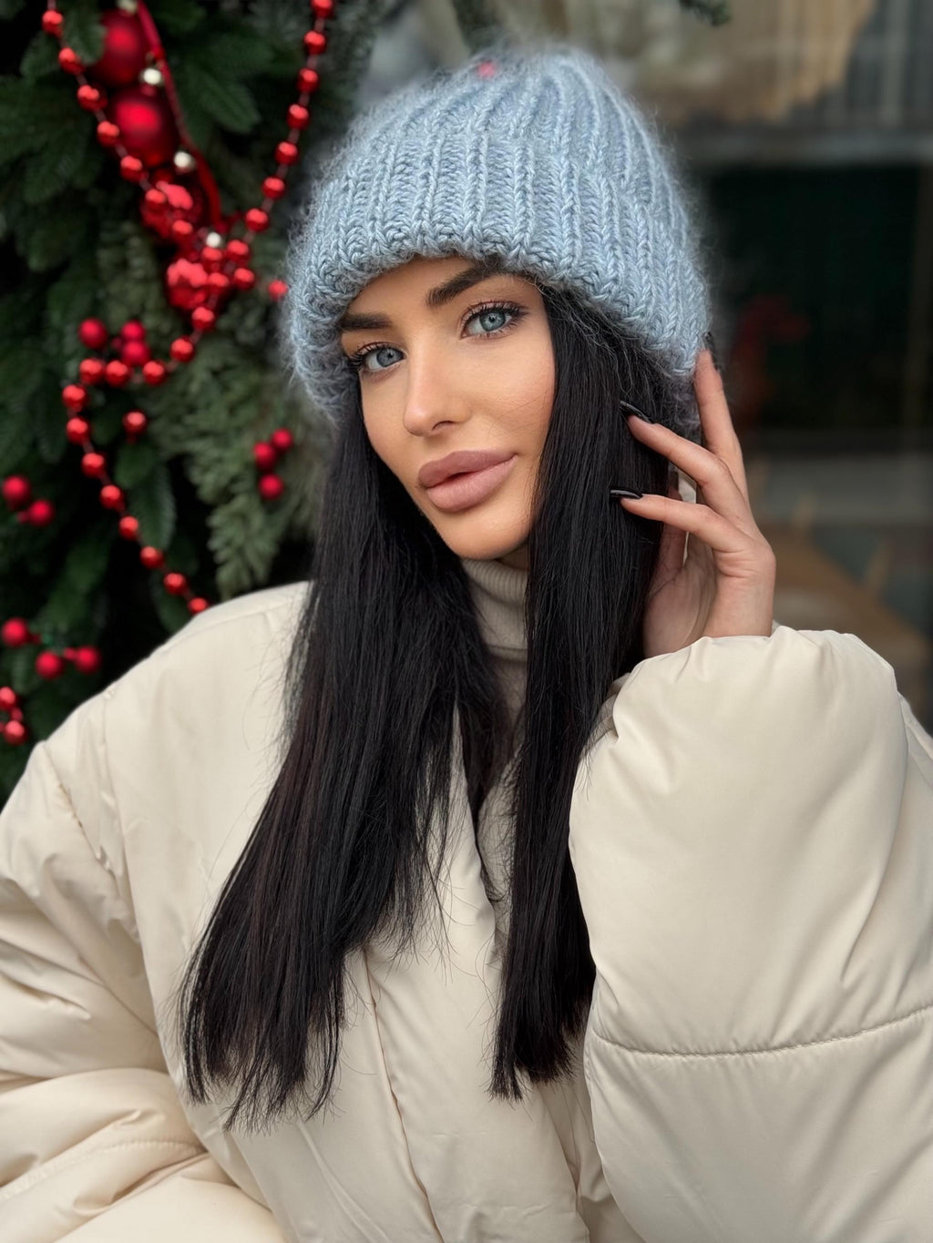 Mohair winter hat blue women Beanie hat blue Knitted fluffy hats Winter accessories Blue mohair Gift for her