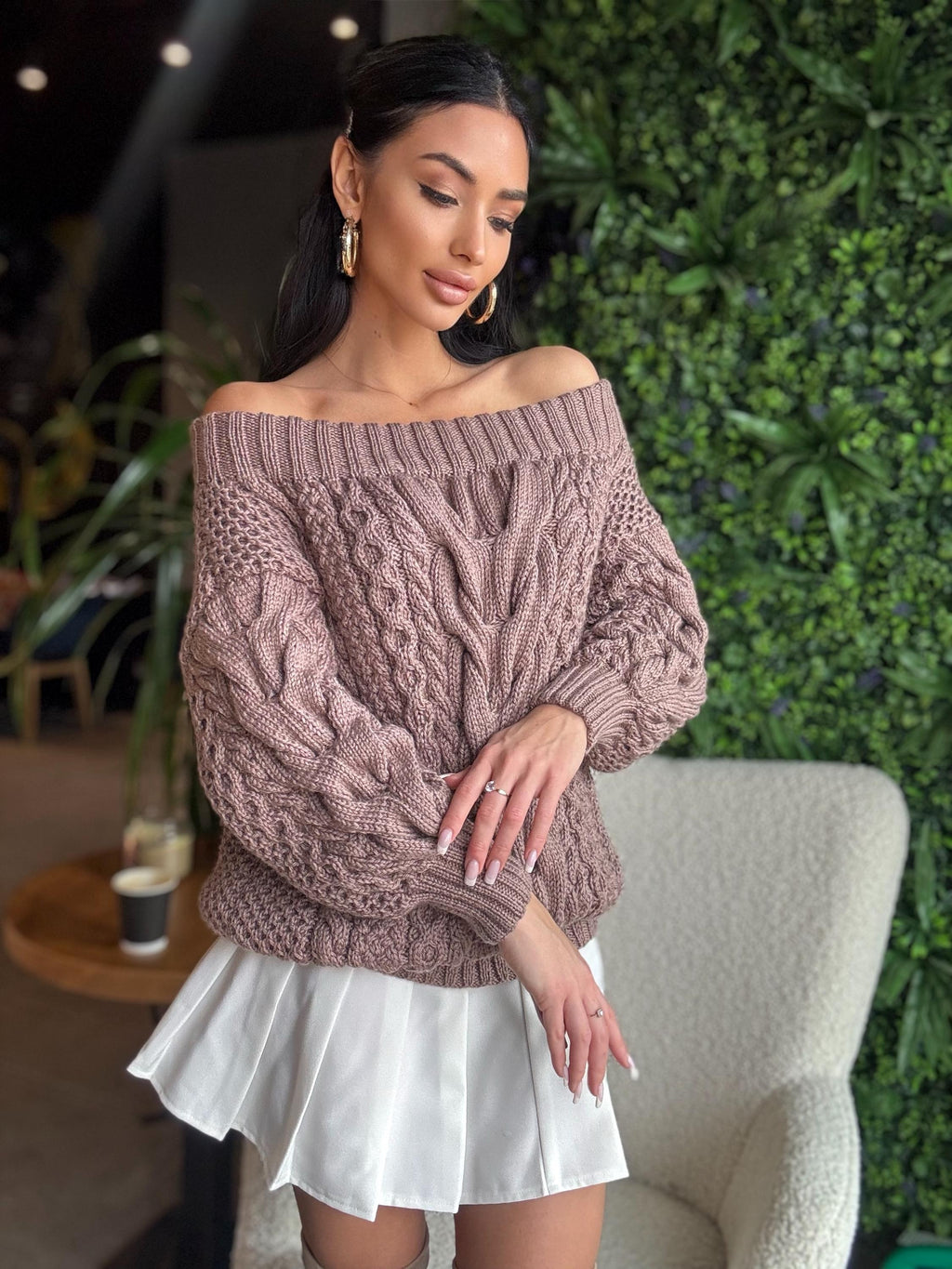 Aran pastel dark beige brawn hand knit merino wool off shoulders sweater Handmade oversize Cable knit Jumper Chunky knit cappuccino Sweater