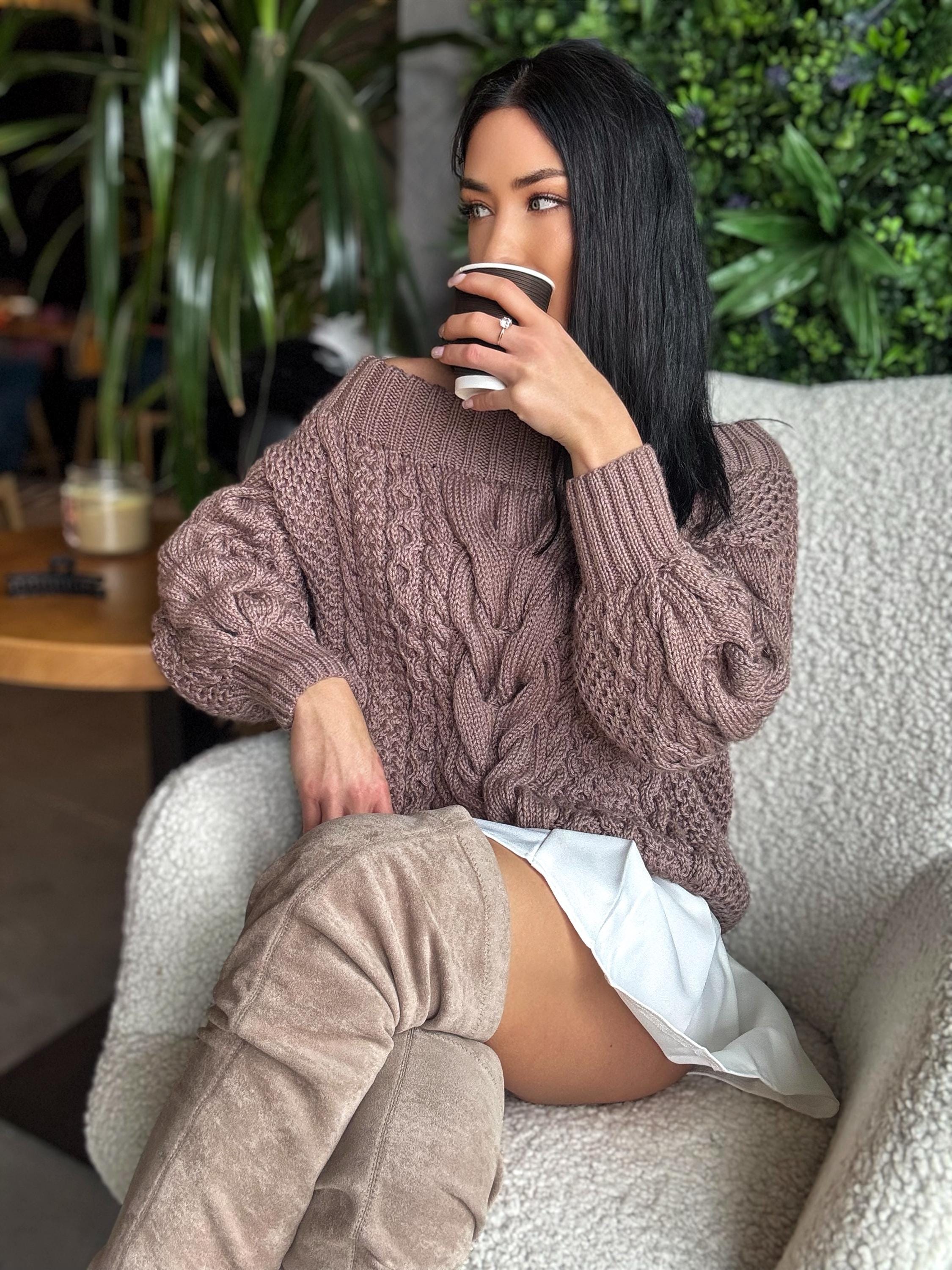 Aran pastel dark beige brawn hand knit merino wool off shoulders sweater Handmade oversize Cable knit Jumper Chunky knit cappuccino Sweater