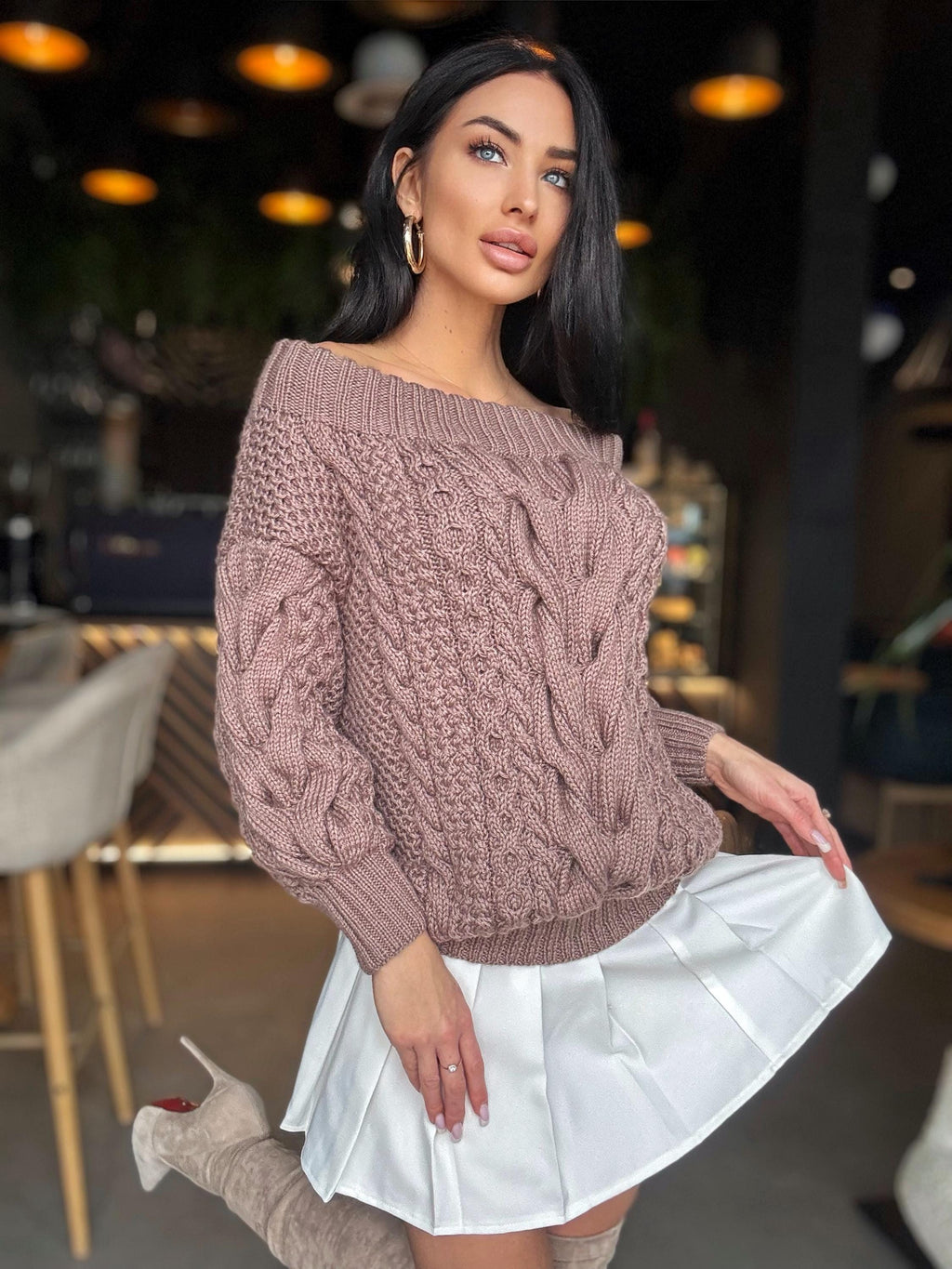 Aran pastel dark beige brawn hand knit merino wool off shoulders sweater Handmade oversize Cable knit Jumper Chunky knit cappuccino Sweater