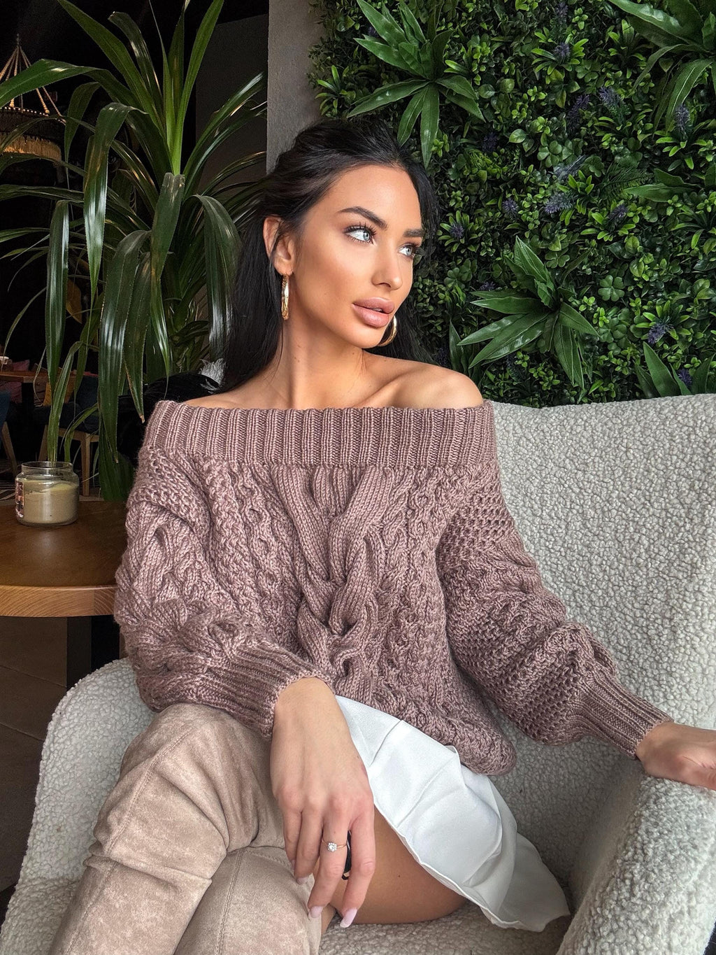 Aran pastel dark beige brawn hand knit merino wool off shoulders sweater Handmade oversize Cable knit Jumper Chunky knit cappuccino Sweater