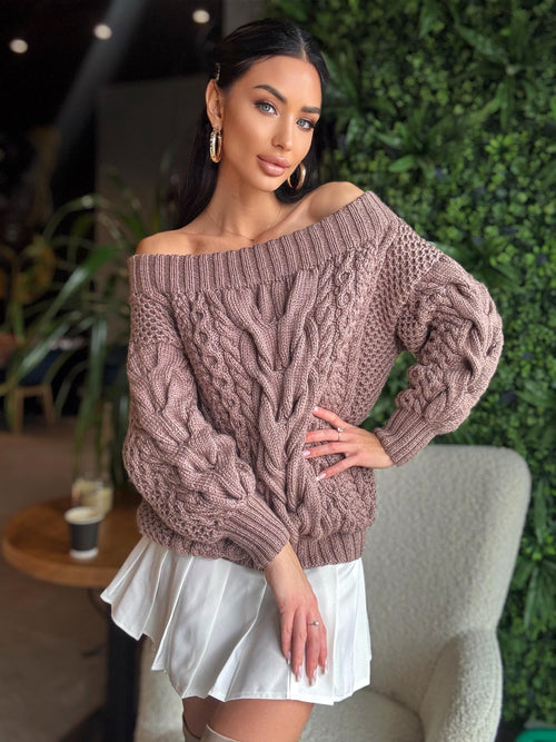 Aran pastel dark beige brawn hand knit merino wool off shoulders sweater Handmade oversize Cable knit Jumper Chunky knit cappuccino Sweater
