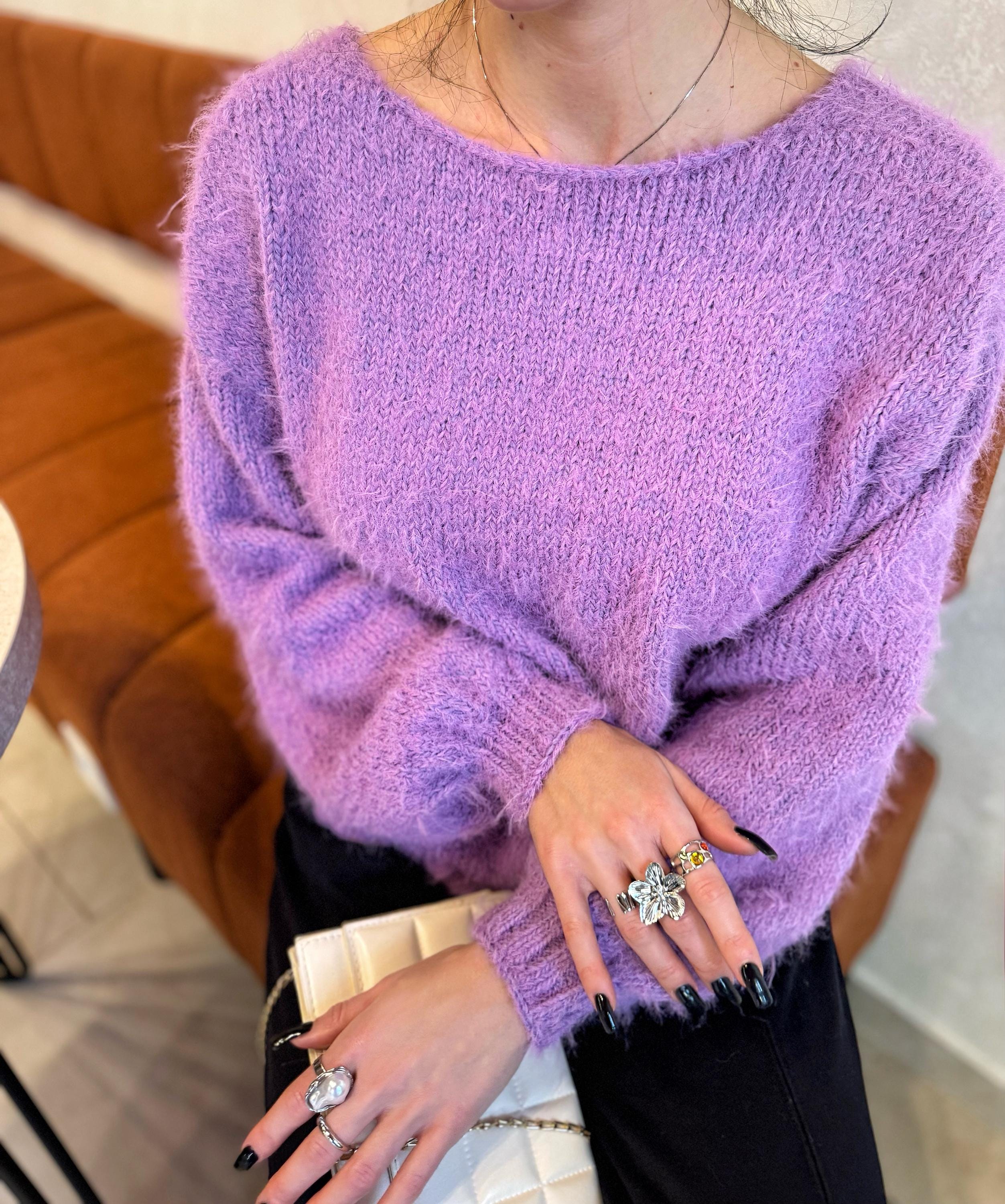 Merino wool soft Lilac V collar hand knit sweater For sensitive skin pullover Fluffy body friendly Open back Deep V neckline