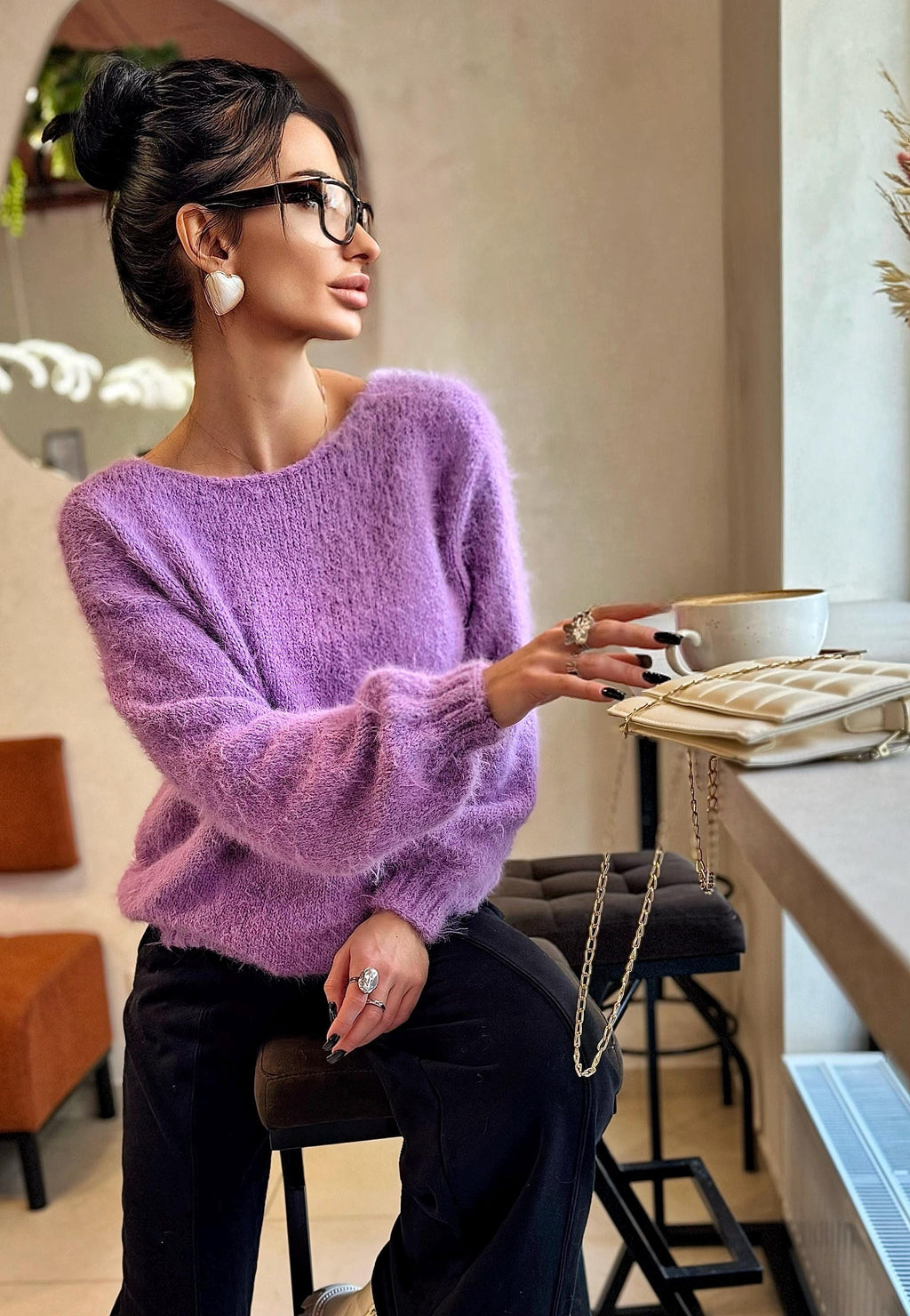 Lilac soft fluffy hand knit V collar open back merino blend sweater For sensitive skin pullover Body friendly Open back Deep V neckline