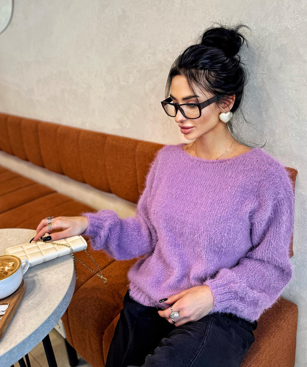 Lilac soft fluffy hand knit V collar open back merino blend sweater For sensitive skin pullover Body friendly Open back Deep V neckline