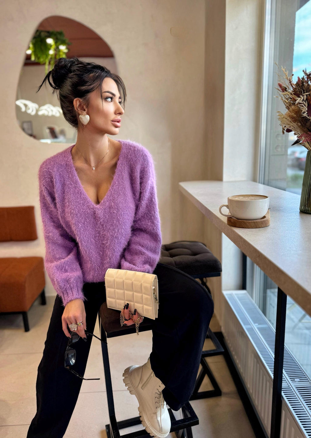 Lilac soft fluffy hand knit V collar open back merino blend sweater For sensitive skin pullover Body friendly Open back Deep V neckline