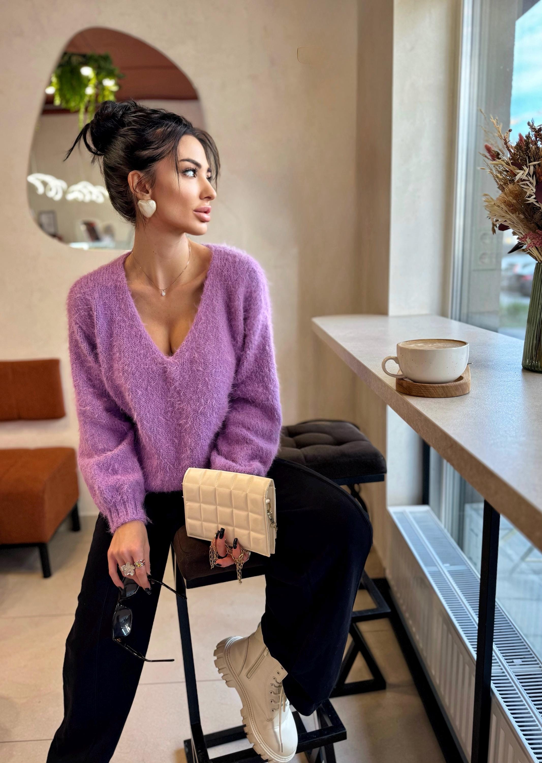 Lilac soft fluffy hand knit V collar open back merino blend sweater For sensitive skin pullover Body friendly Open back Deep V neckline