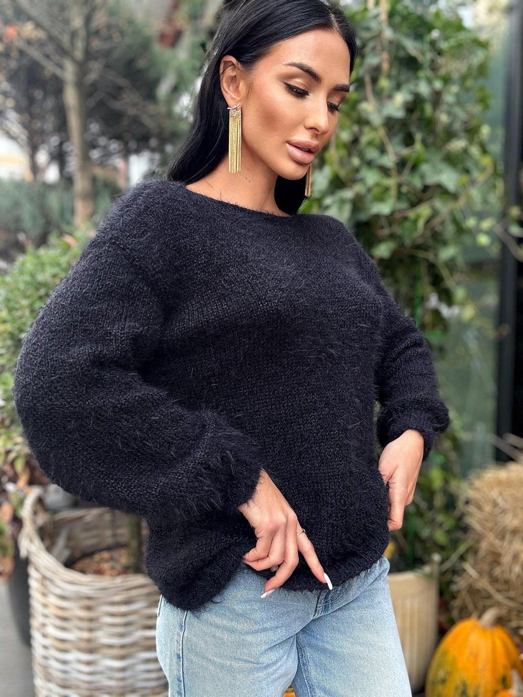 Soft hand knit merino wool black V collar sweater dress For sensitive skin pullover Fluffy body friendly Open back Deep V-neckline Loose fit