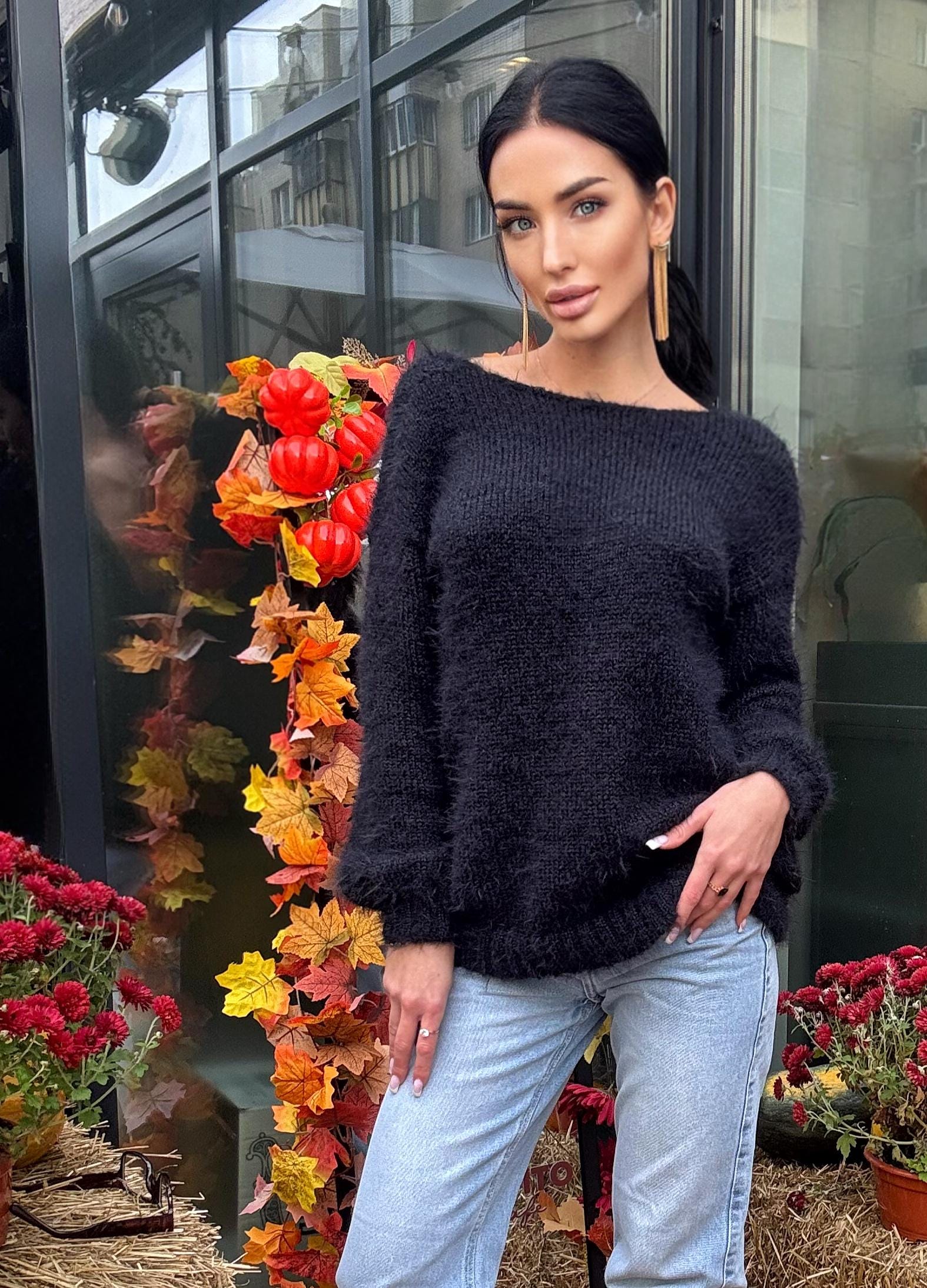 Soft hand knit merino wool black V collar sweater dress For sensitive skin pullover Fluffy body friendly Open back Deep V-neckline Loose fit