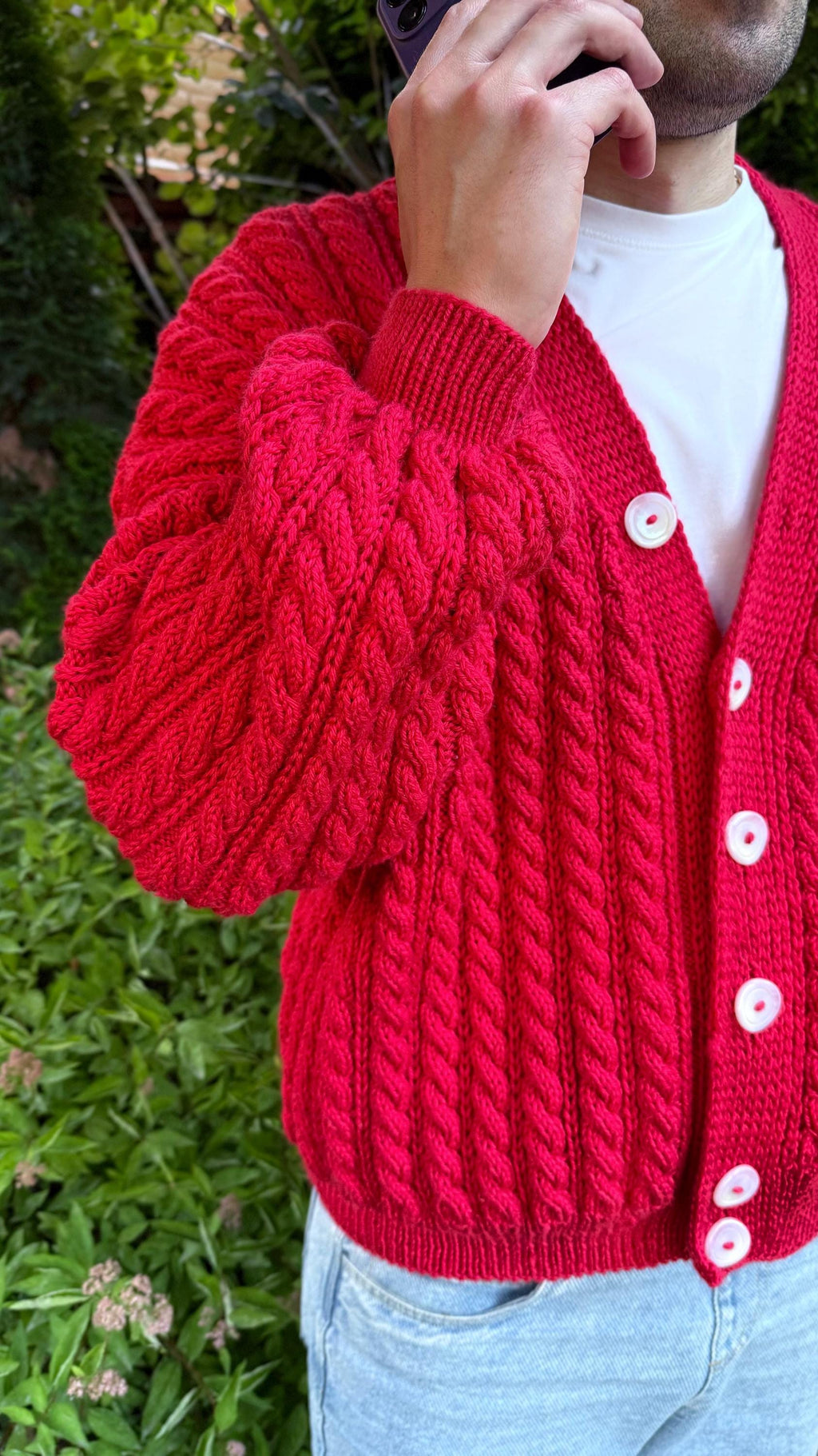 Unisex cable knit braid Red merino wool cardigan on buttons Hand knit oversize fall sweater Chunky knit cardigan knitted jacket puff sleeves