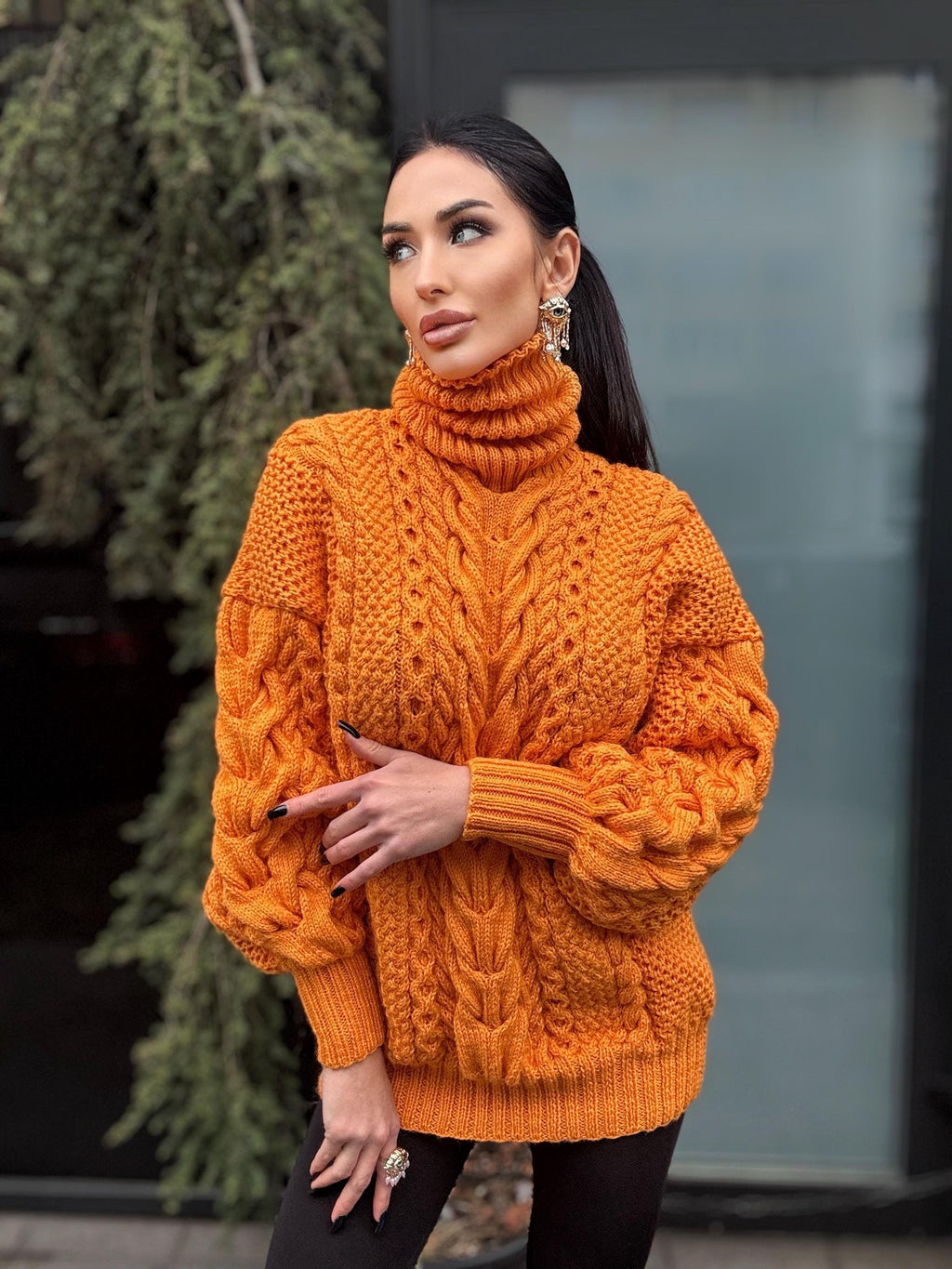 Aran long hand knitted orange merino merino wool sweater dress Turtleneck cable knit pullover women Сhunky knit big sweater