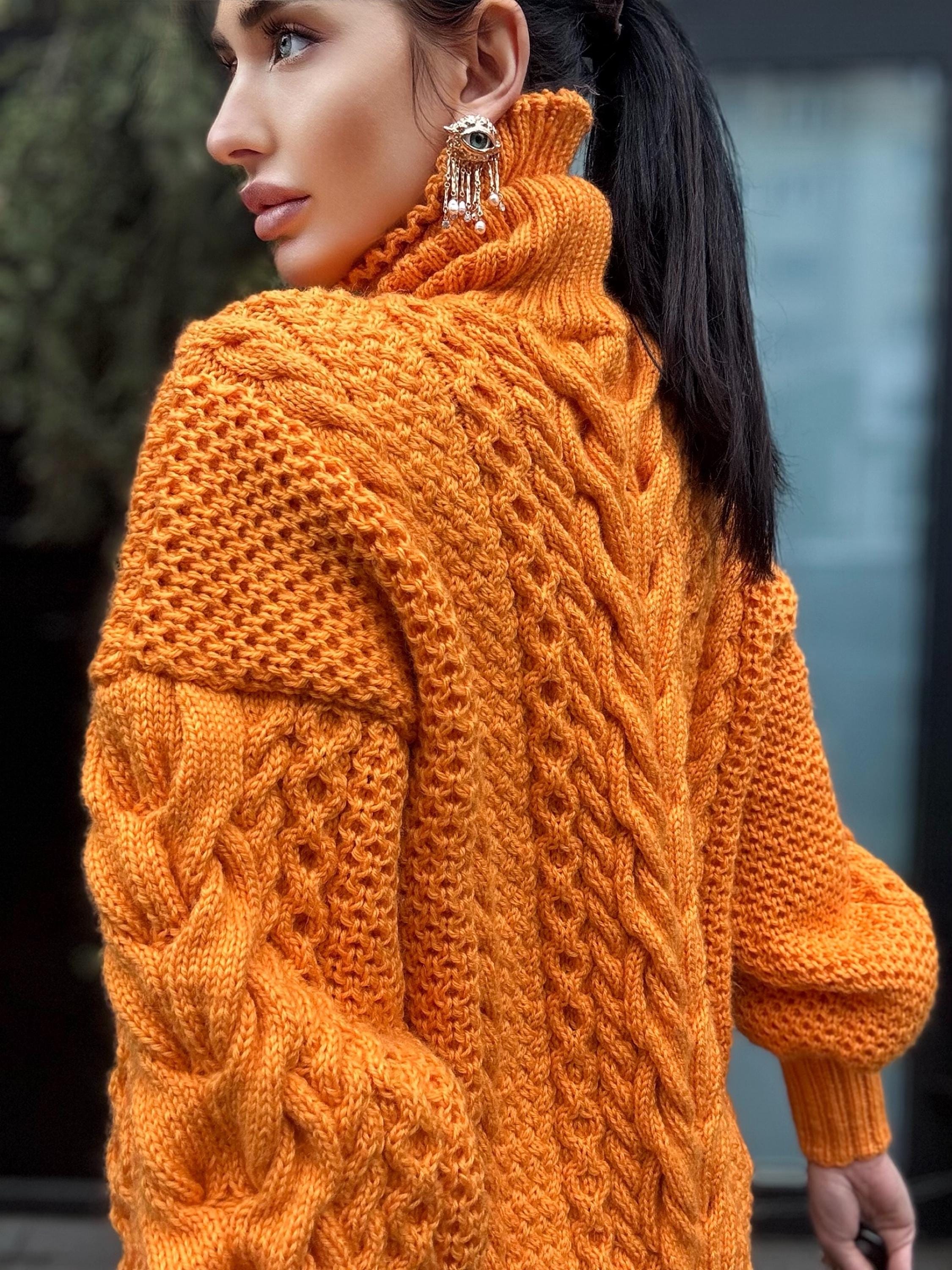 Aran long hand knitted orange merino merino wool sweater dress Turtleneck cable knit pullover women Сhunky knit big sweater