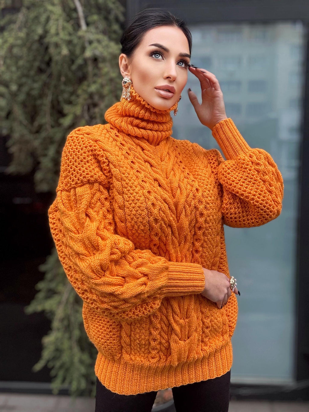 Aran long hand knitted orange merino merino wool sweater dress Turtleneck cable knit pullover women Сhunky knit big sweater