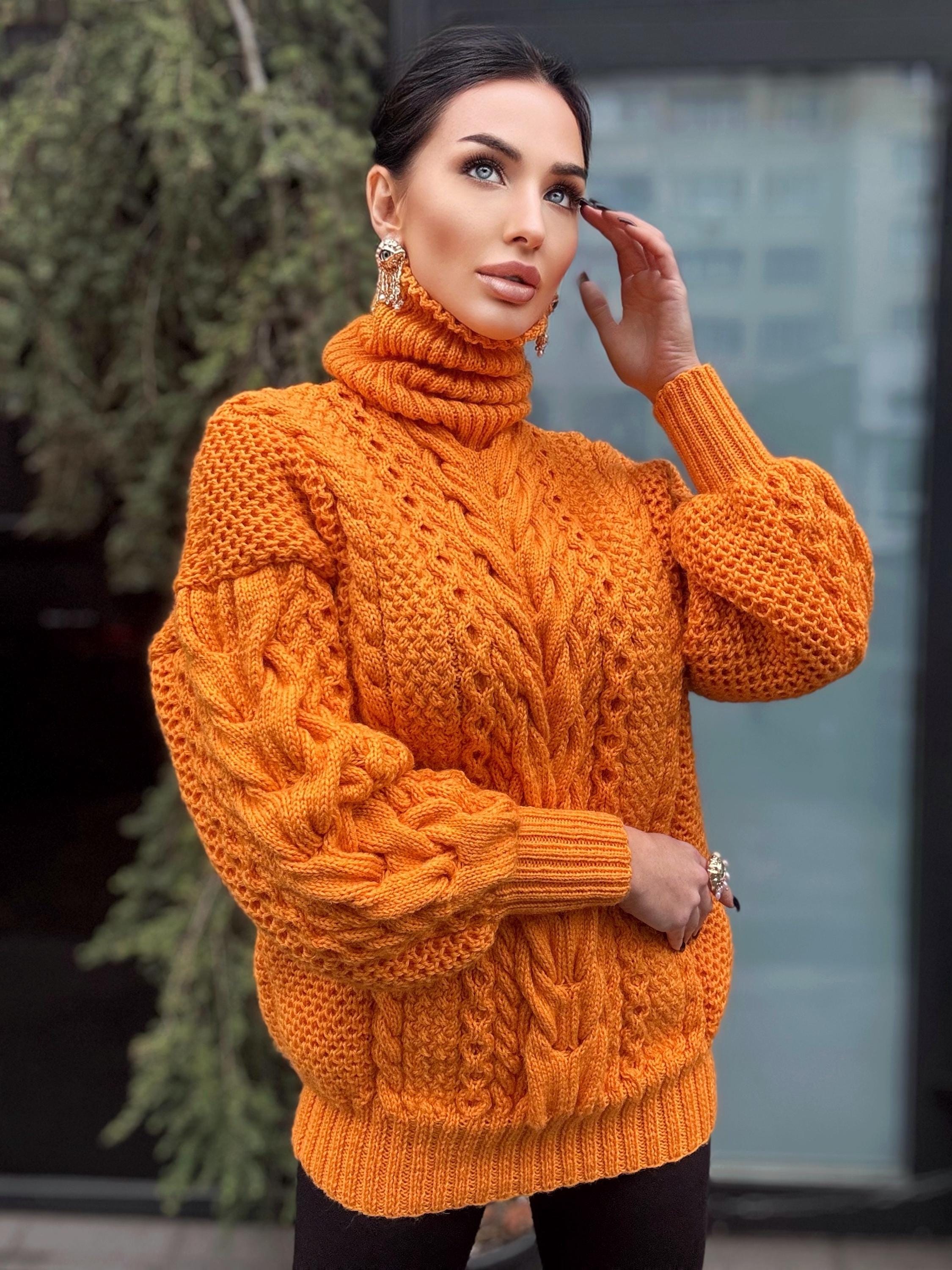 Aran long hand knitted orange merino merino wool sweater dress Turtleneck cable knit pullover women Сhunky knit big sweater