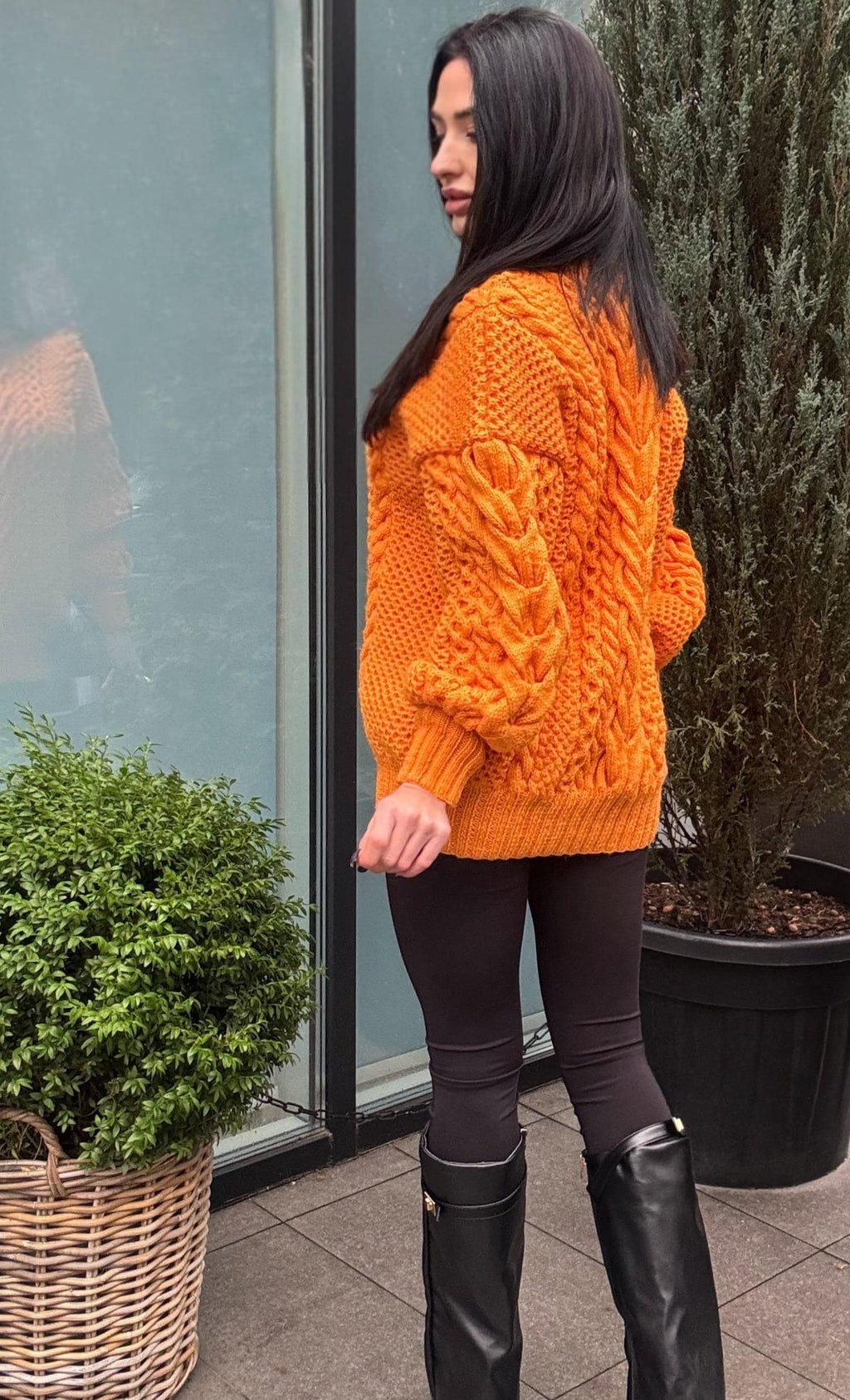 Aran long hand knitted orange merino merino wool sweater dress Turtleneck cable knit pullover women Сhunky knit big sweater