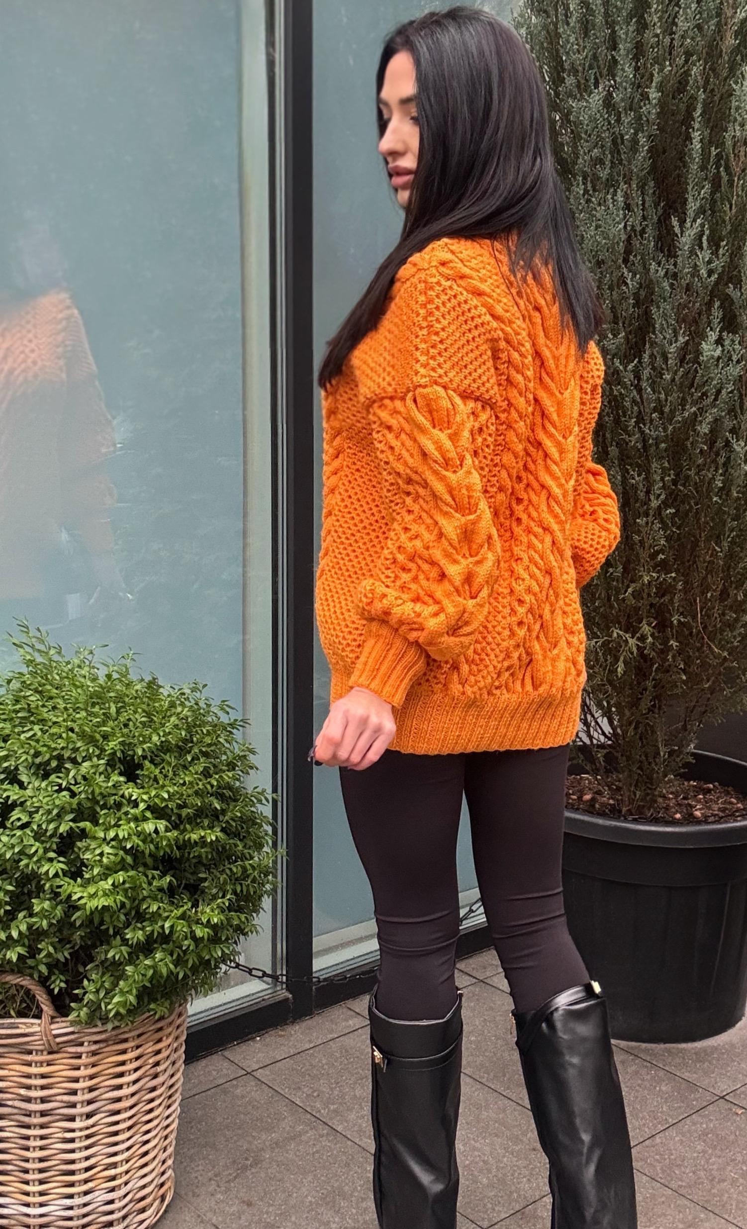 Aran long hand knitted orange merino merino wool sweater dress Turtleneck cable knit pullover women Сhunky knit big sweater