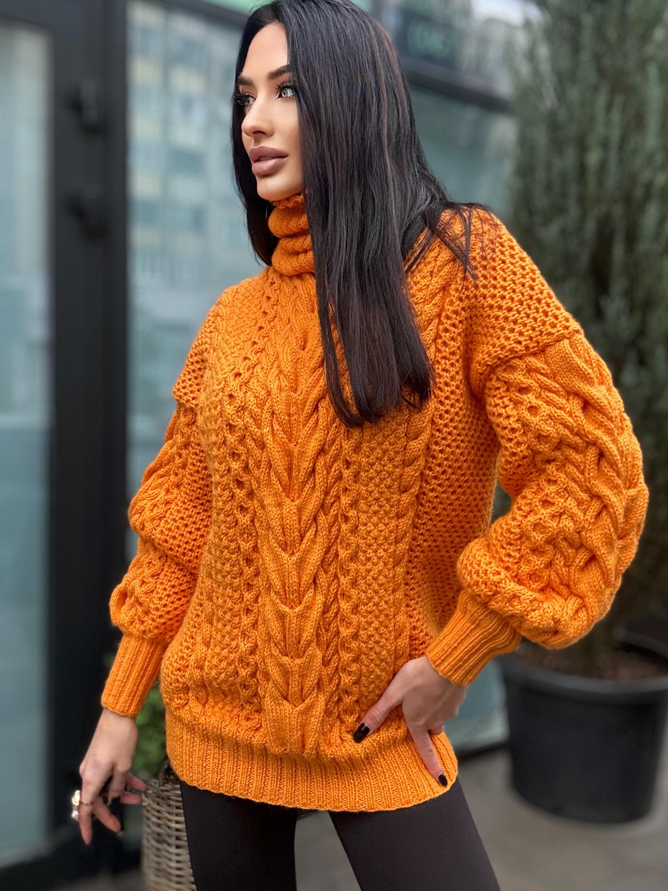 Aran long hand knitted orange merino merino wool sweater dress Turtleneck cable knit pullover women Сhunky knit big sweater
