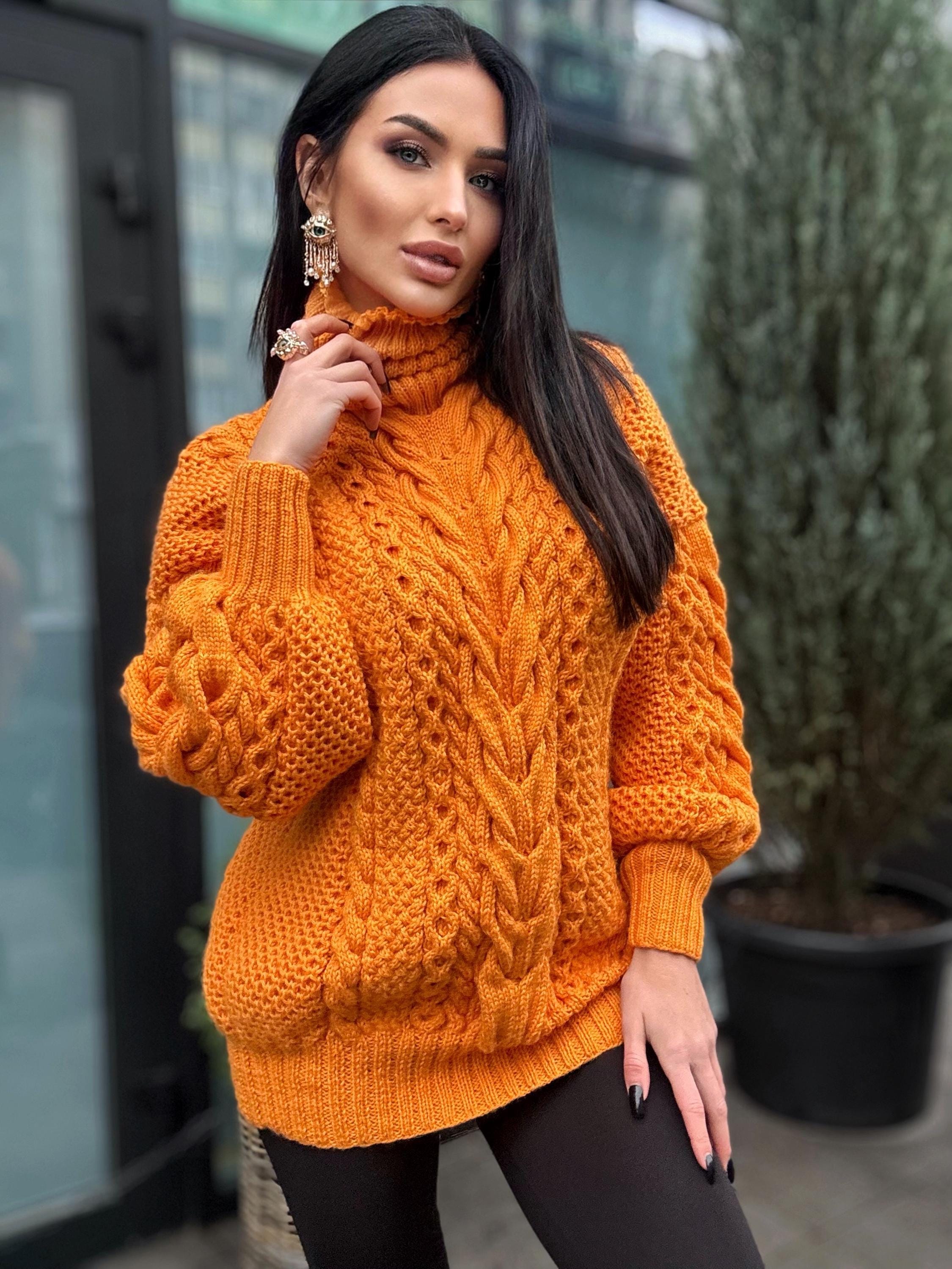 Aran long hand knitted orange merino merino wool sweater dress Turtleneck cable knit pullover women Сhunky knit big sweater