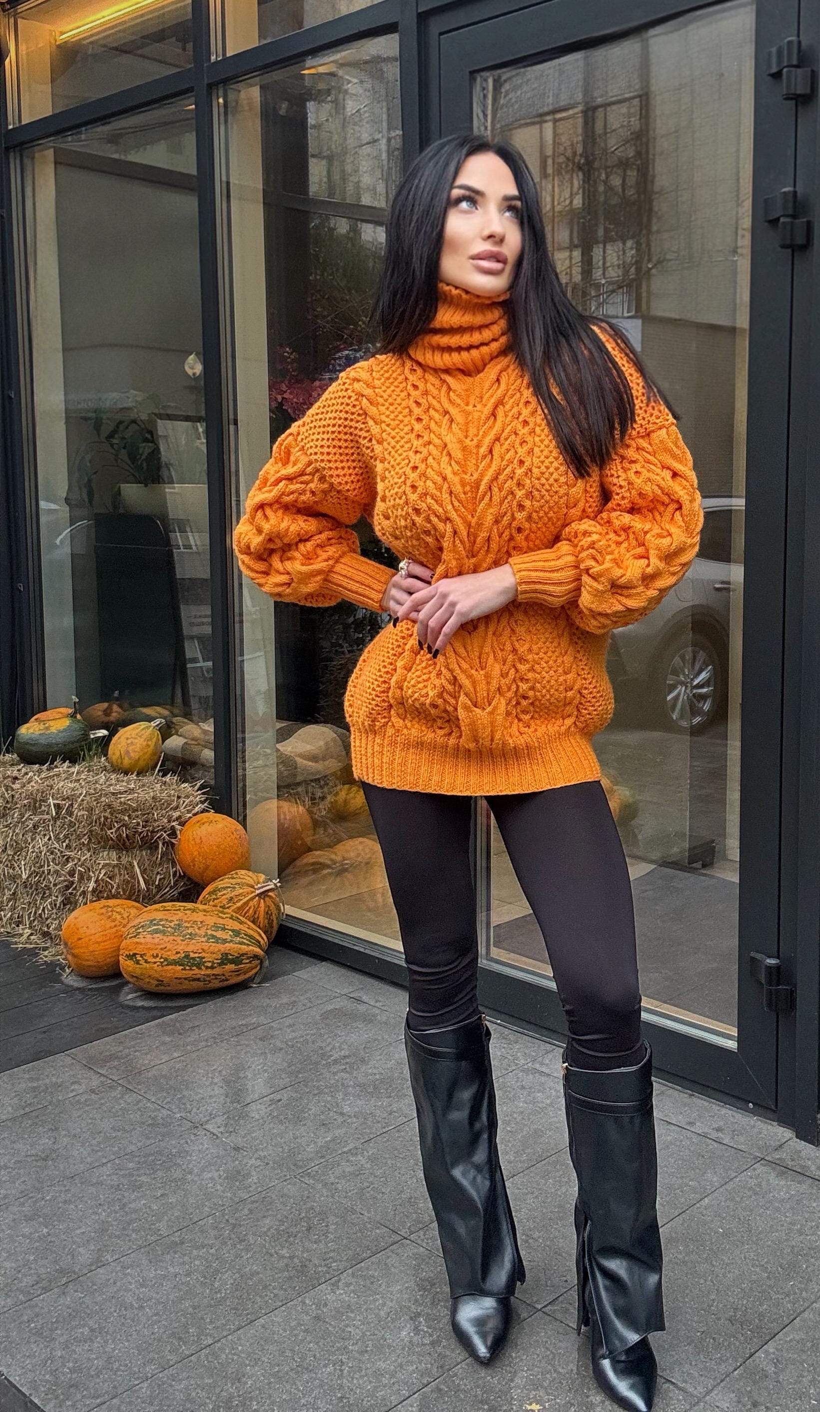 Aran long hand knitted orange merino merino wool sweater dress Turtleneck cable knit pullover women Сhunky knit big sweater