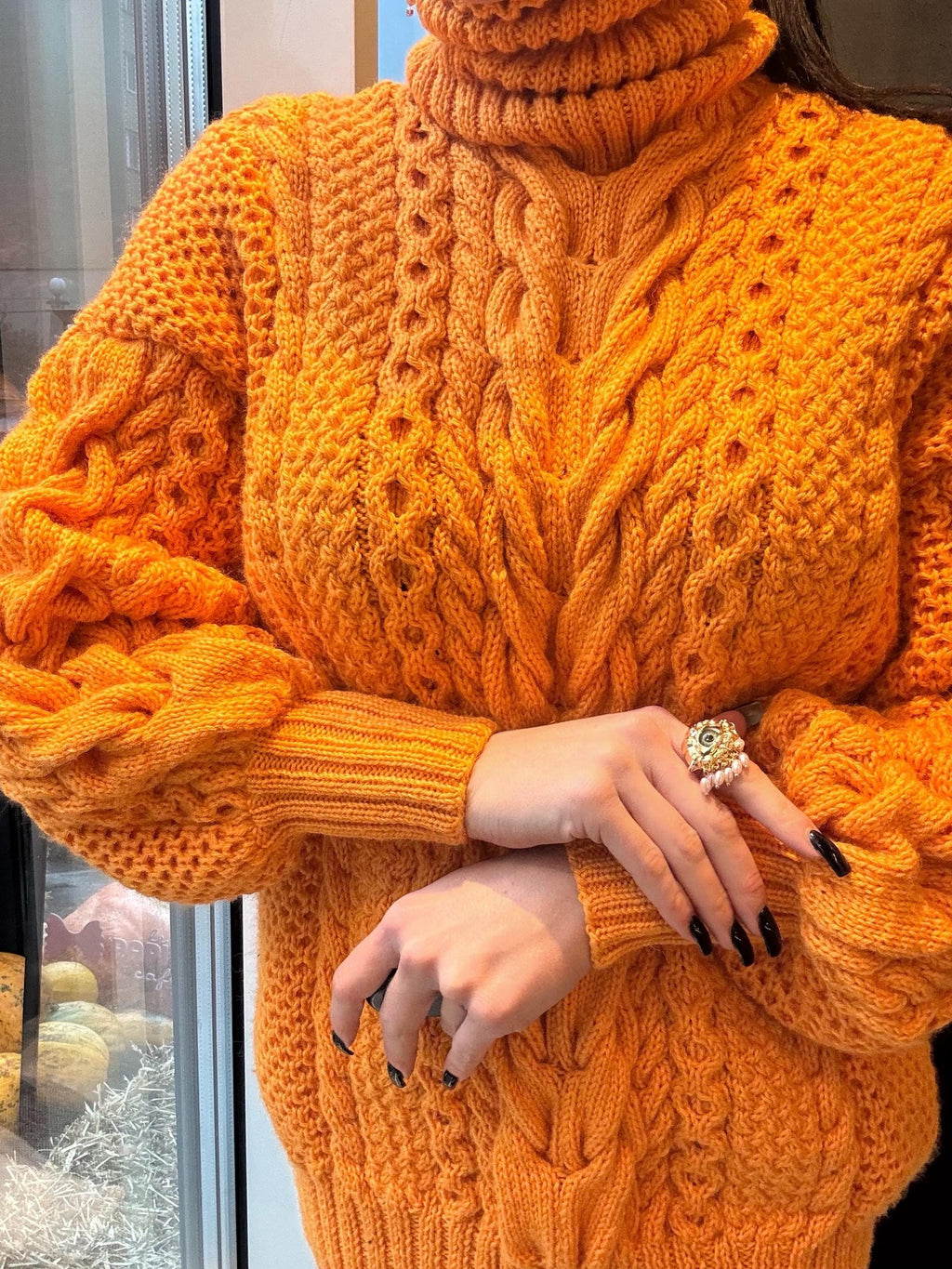 Aran long hand knitted orange merino merino wool sweater dress Turtleneck cable knit pullover women Сhunky knit big sweater